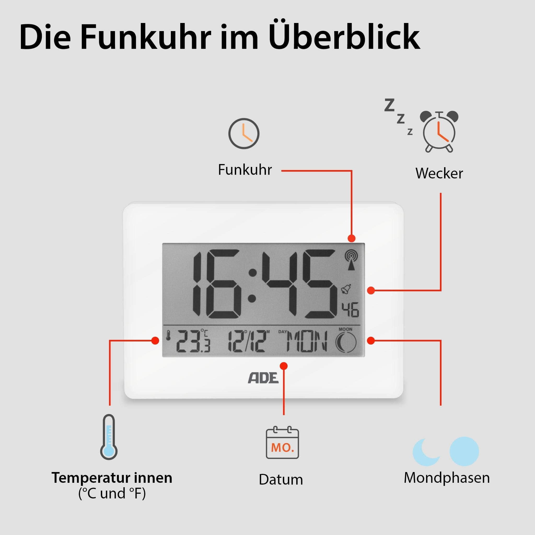 ADE Premium Digital Atomic Clock - Extra Large Display Wall/Desk Clock with Temperature, Calendar, Moon Phase & Dual Alarm in Bamboo Frame (16.7x9.3cm LCD) Weiß Dekoration ADE
