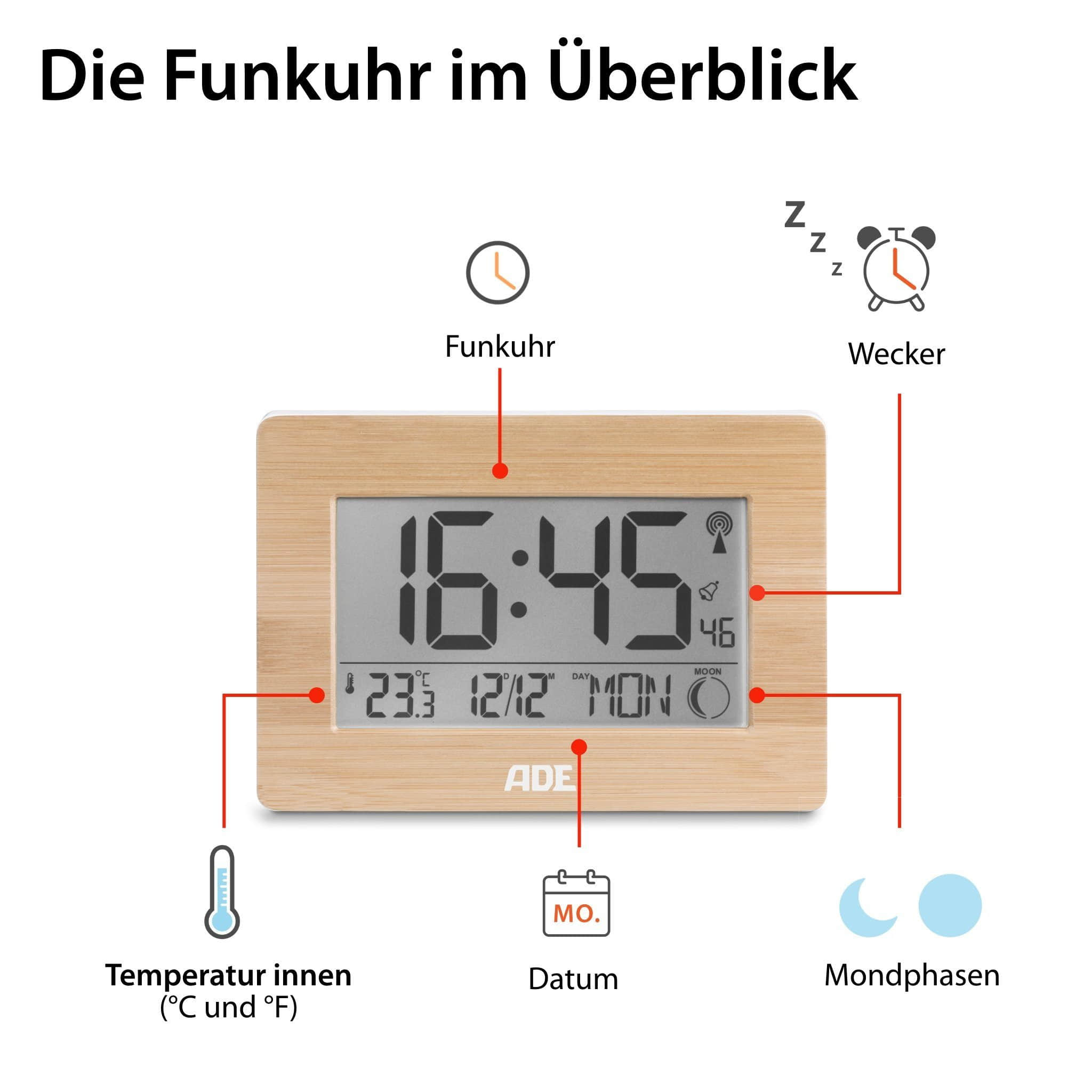 ADE ADE Premium Digital Atomic Clock - Extra Large Display Wall/Desk Clock with Temperature, Calendar, Moon Phase & Dual Alarm in Bamboo Frame (16.7x9.3cm LCD) Bambus Dekoration