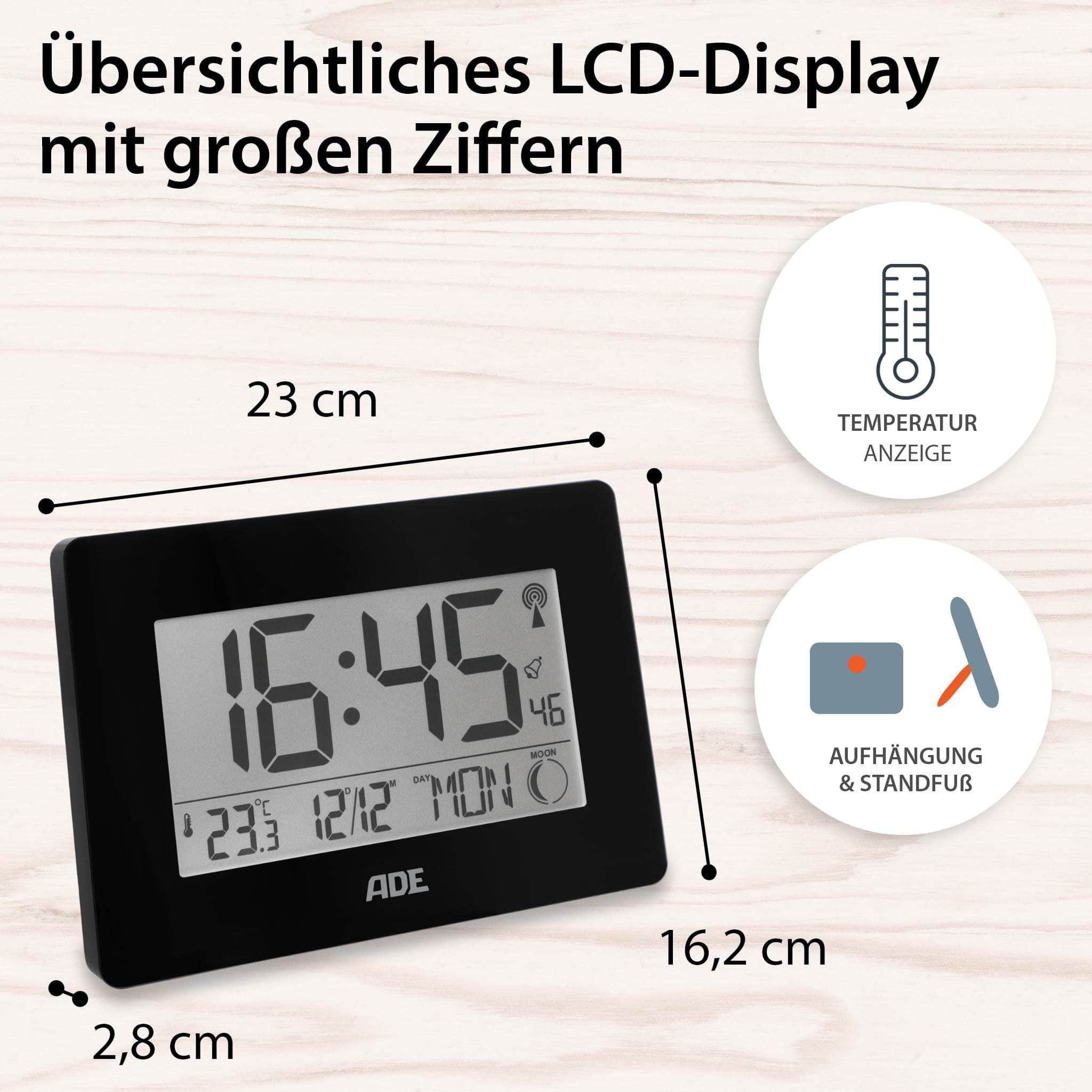 ADE Premium Digital Atomic Clock - Extra Large Display Wall/Desk Clock with Temperature, Calendar, Moon Phase & Dual Alarm in Bamboo Frame (16.7x9.3cm LCD) Schwarz Dekoration ADE