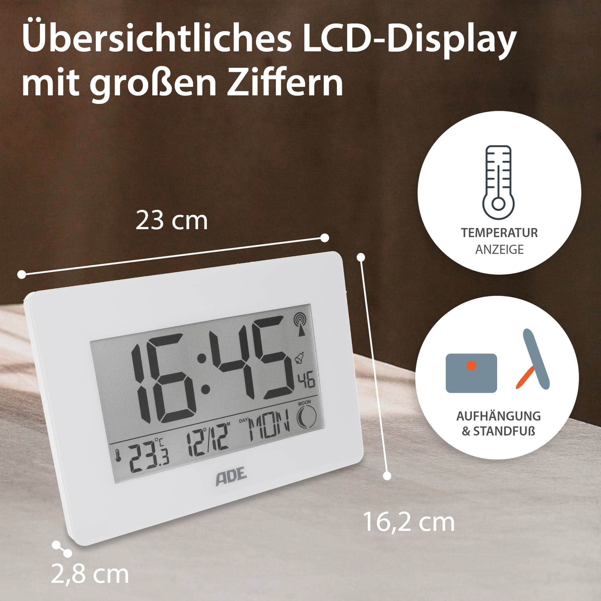 ADE Premium Digital Atomic Clock - Extra Large Display Wall/Desk Clock with Temperature, Calendar, Moon Phase & Dual Alarm in Bamboo Frame (16.7x9.3cm LCD) Weiß Dekoration ADE