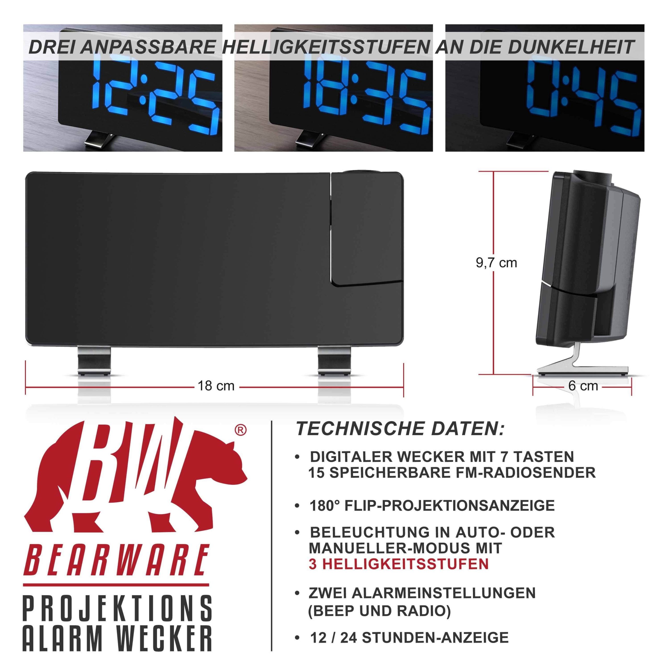 Dekoration Brandson Brandson Digitaler Projektionswecker mit FM Radio - 15 Senderspeicher, 2 Alarme, 3 Helligkeitsstufen, Snooze & 180° drehbarer Zeitprojektion