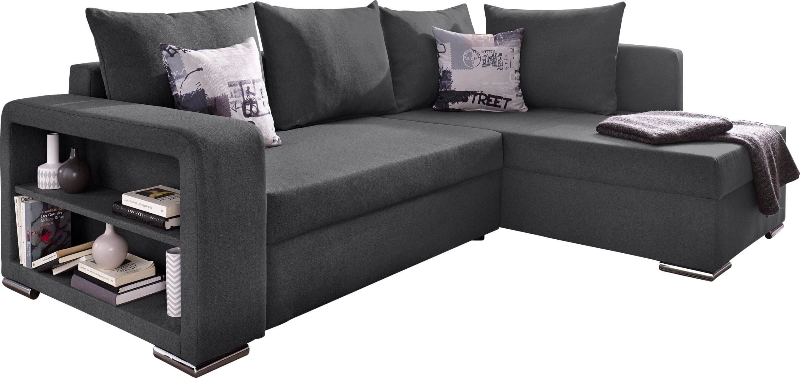 COLLECTION AB Sofas COLLECTION AB Ecksofa »John L-Form« mit Bettfunktion (200x140 cm), Bettkasten & Regalarmlehne – wählbare Ottomane, FSC®-Holz, Grau-Schwarz anthrazit