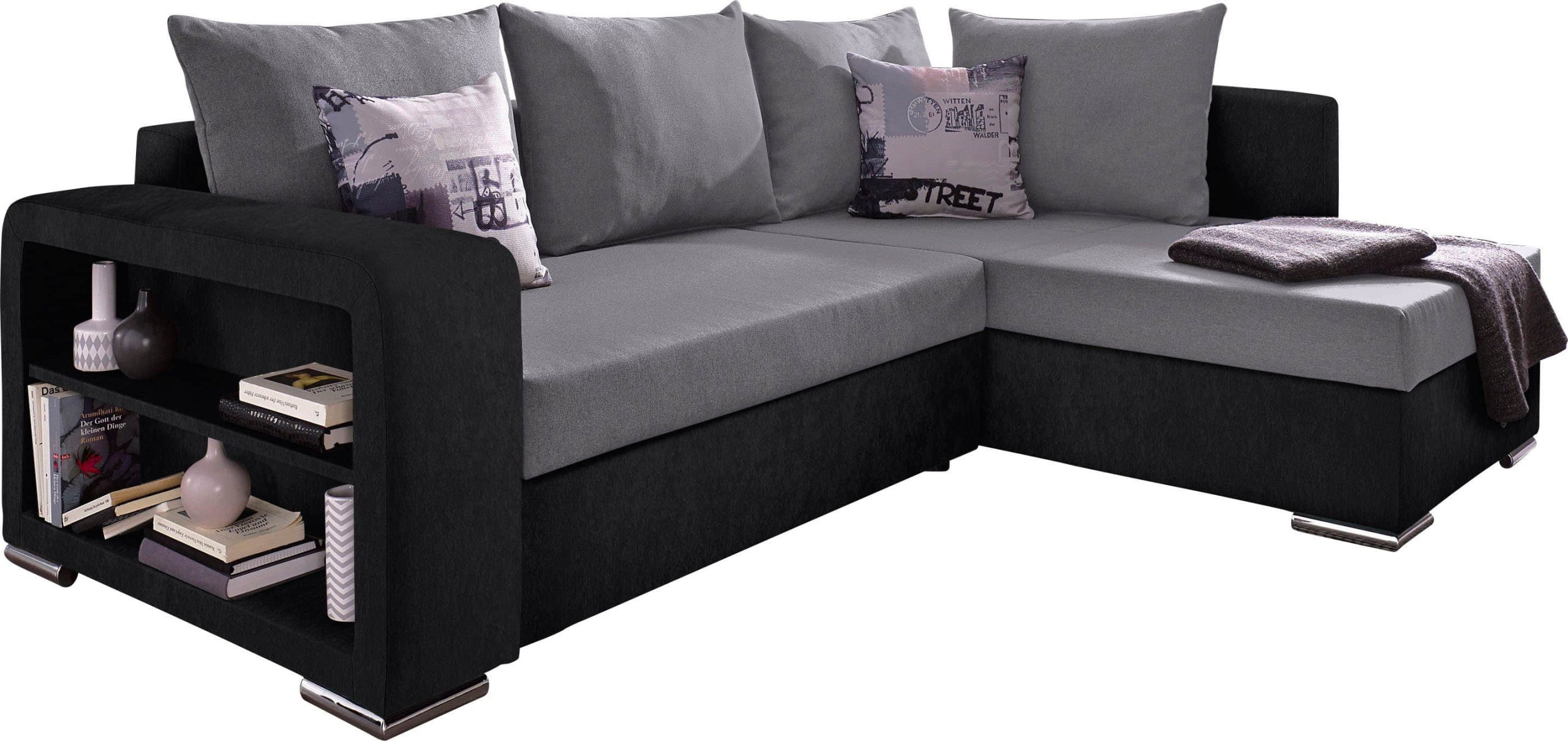 COLLECTION AB COLLECTION AB Ecksofa »John L-Form« mit Bettfunktion (200x140 cm), Bettkasten & Regalarmlehne – wählbare Ottomane, FSC®-Holz, Grau-Schwarz schwarz/gr Sofas