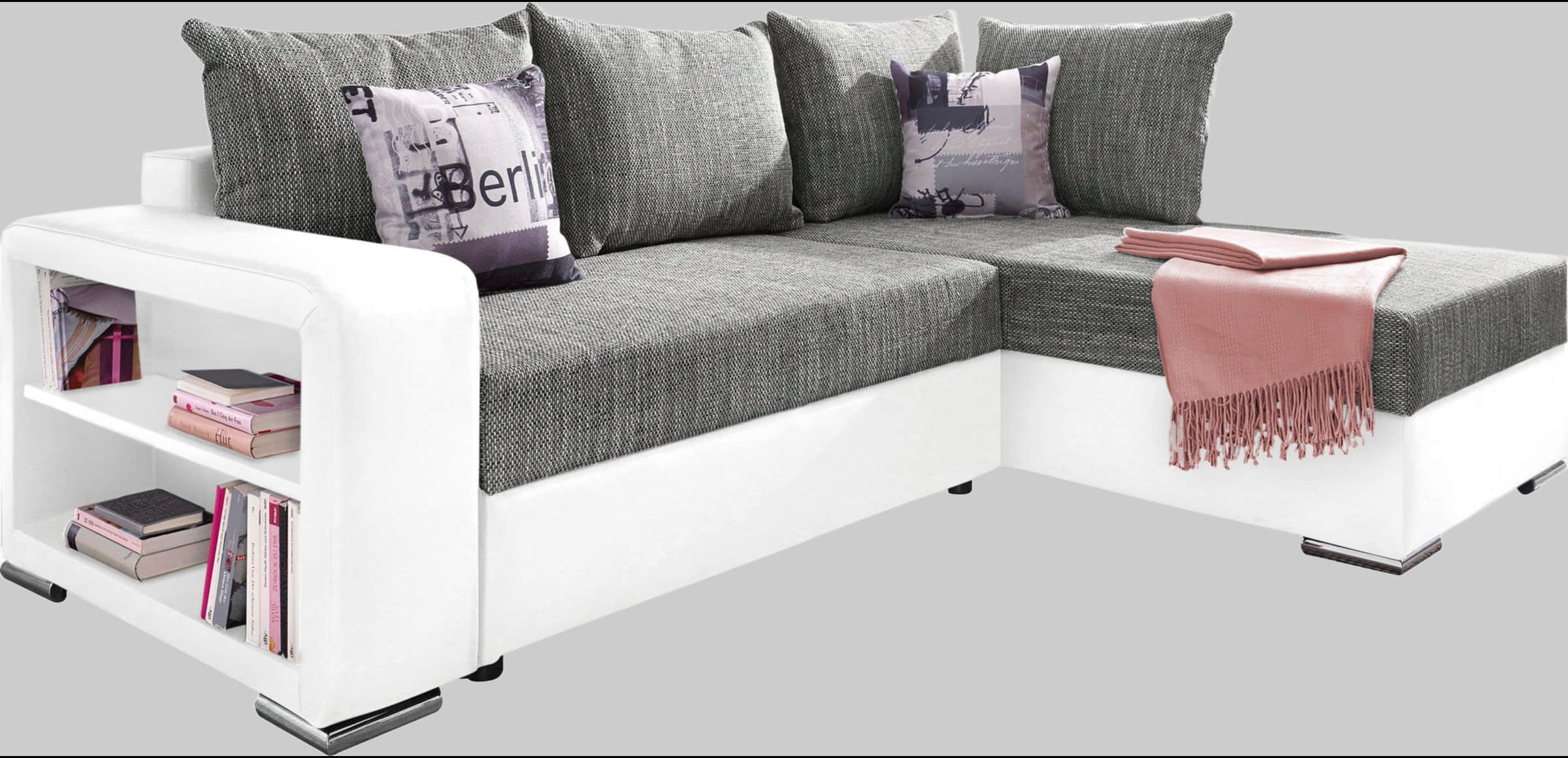 COLLECTION AB COLLECTION AB Ecksofa »John L-Form« mit Bettfunktion (200x140 cm), Bettkasten & Regalarmlehne – wählbare Ottomane, FSC®-Holz, Grau-Schwarz weiß/grau Sofas