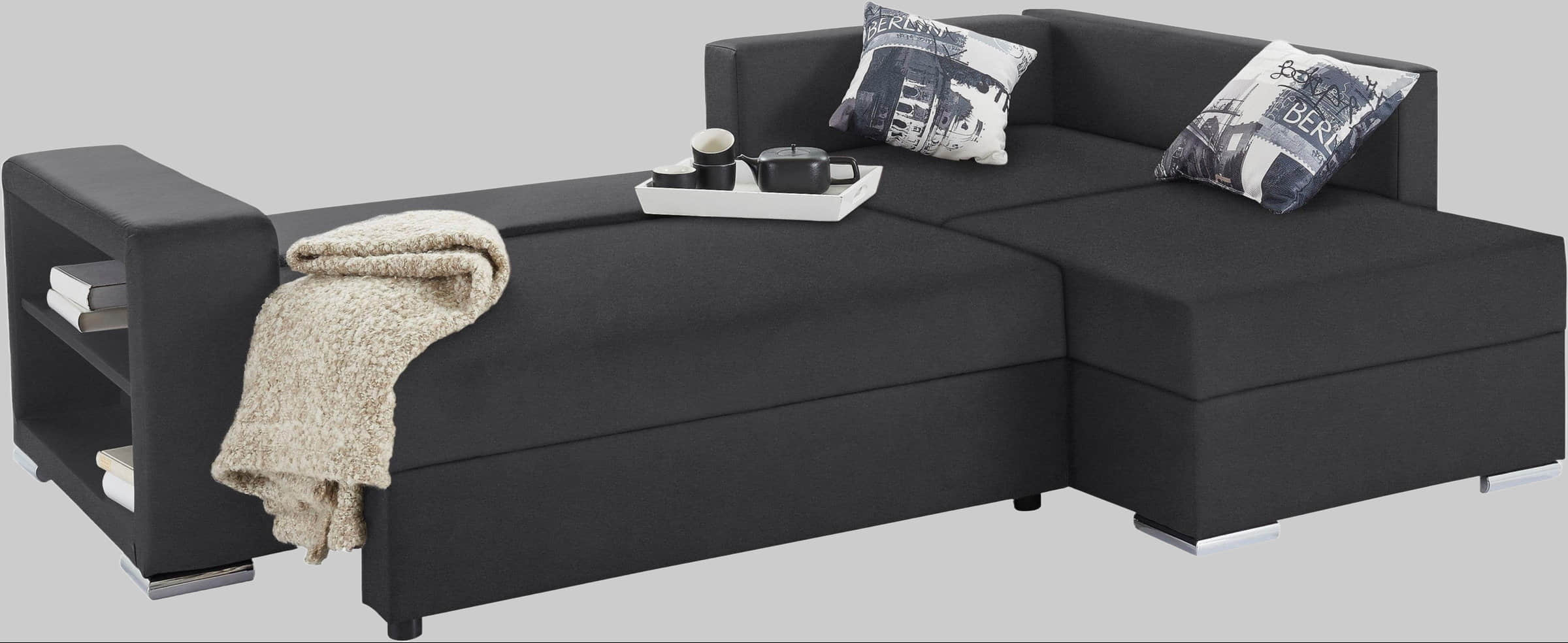 COLLECTION AB Sofas COLLECTION AB Ecksofa »John L-Form« mit Bettfunktion (200x140 cm), Bettkasten & Regalarmlehne – wählbare Ottomane, FSC®-Holz, Grau-Schwarz anthrazit