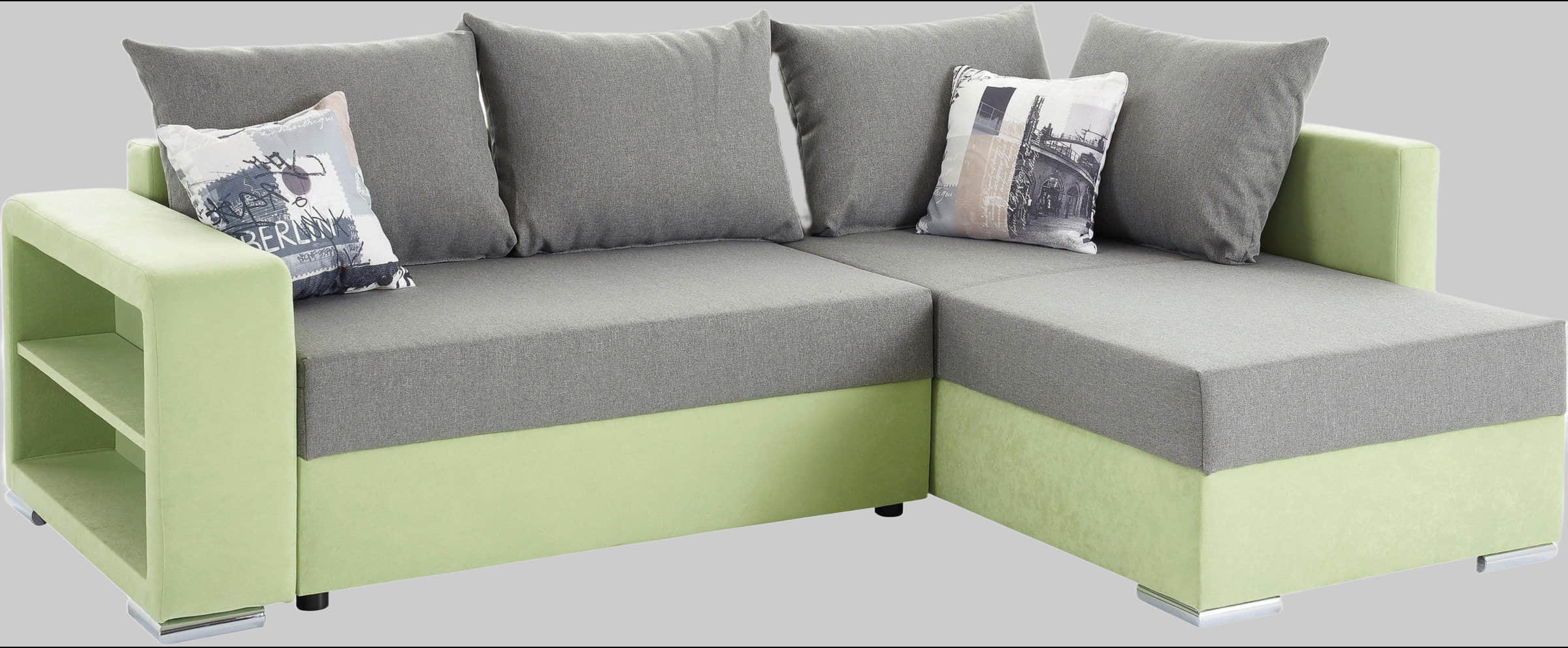 COLLECTION AB Ecksofa »John L-Form« mit Bettfunktion (200x140 cm), Bettkasten & Regalarmlehne – wählbare Ottomane, FSC®-Holz, Grau-Schwarz grün/grau Sofas COLLECTION AB