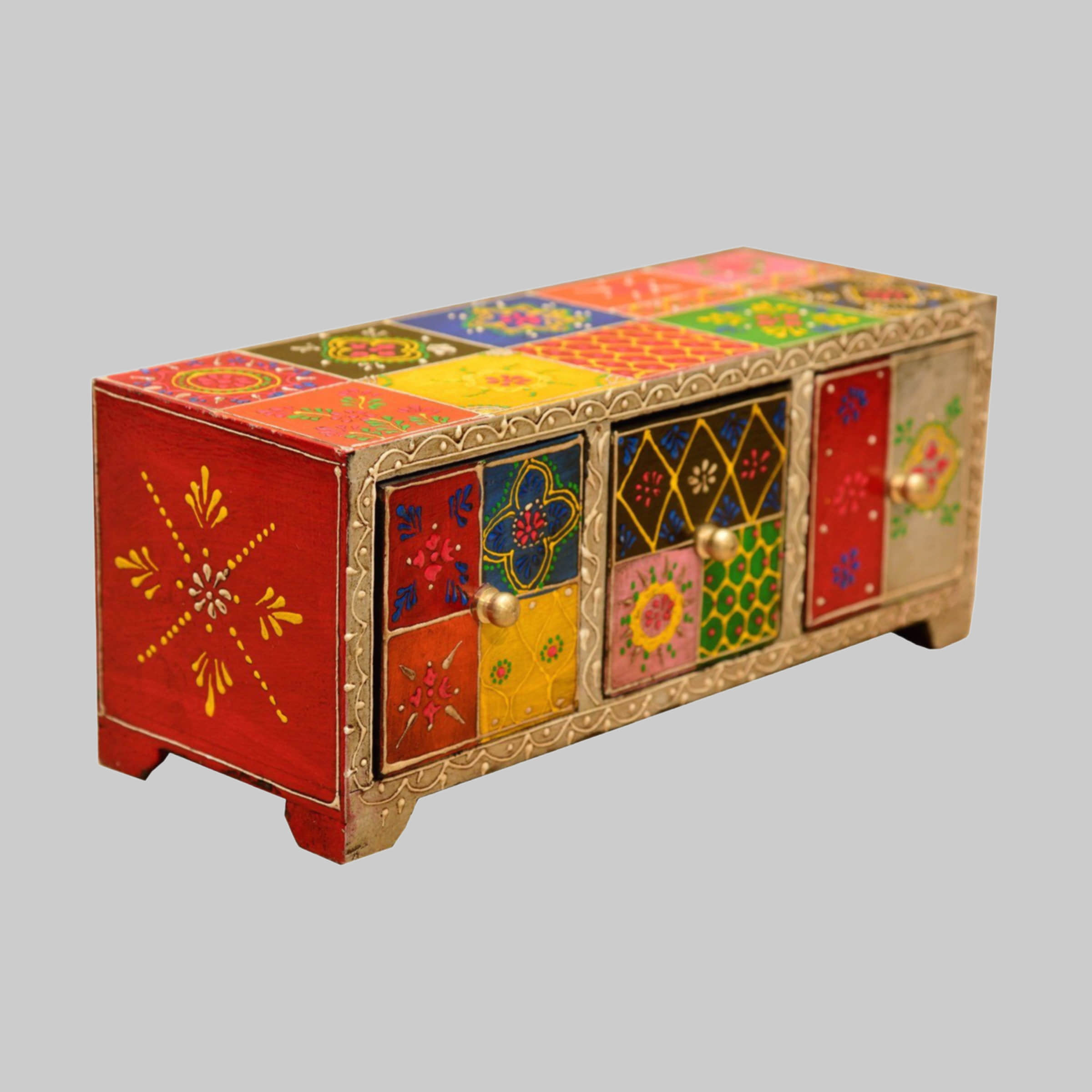 Casa Moro Chandi Oriental Schmuckkasten - Handbemalte Mini-Kommode mit 3 Schubladen aus Holz (28x11x10 cm) für Schmuck & Accessoires Aufbewahrung Casa Moro