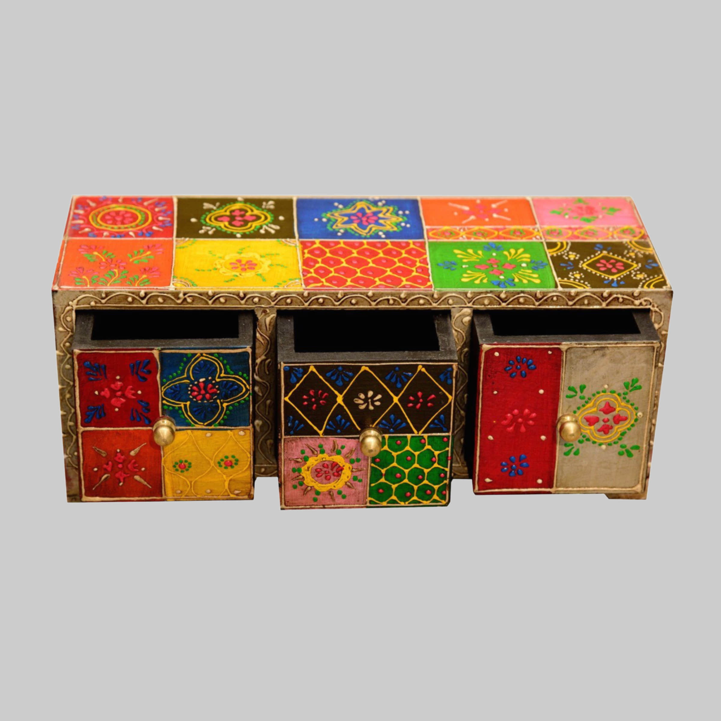 Casa Moro Chandi Oriental Schmuckkasten - Handbemalte Mini-Kommode mit 3 Schubladen aus Holz (28x11x10 cm) für Schmuck & Accessoires Aufbewahrung Casa Moro
