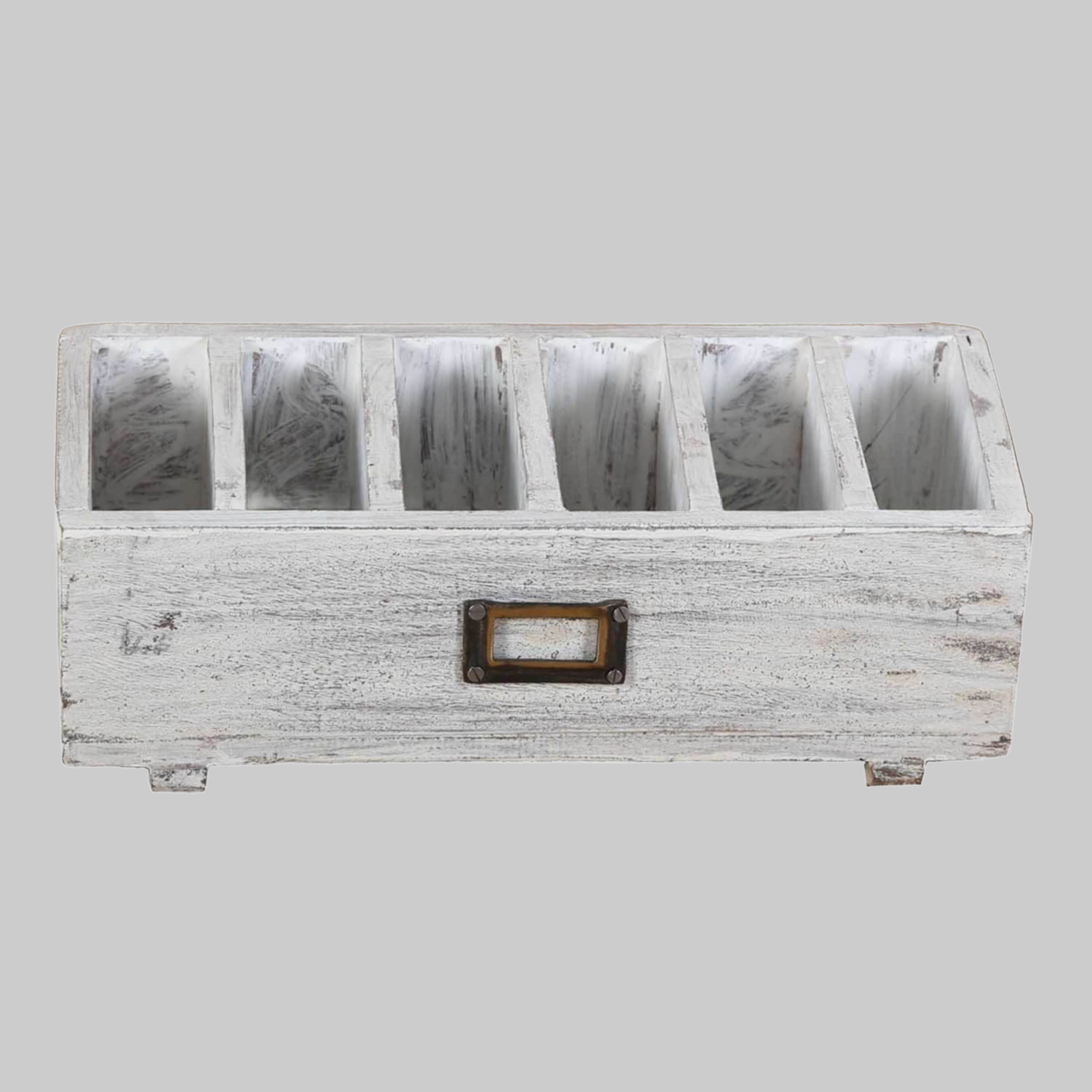 Casa Moro TIVOLI Shabby Chic Organizer Box - Massivholz Aufbewahrungskiste mit 6 Fächern & Namensschildhalter | Vintage Weiße Holzbox für Schreibtisch & Kosmetik (32x15x10 cm) Casa Moro Aufbewahrung
