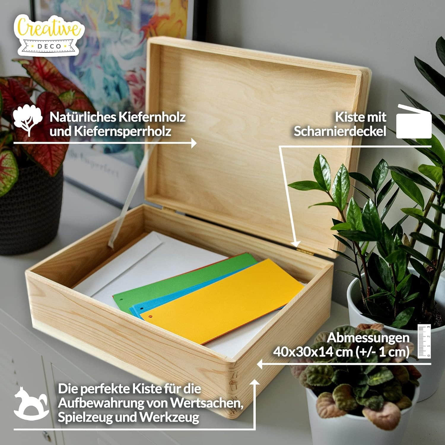 Creative Deco XL Holzkiste mit Deckel – Große Aufbewahrungsbox 40x30x14 cm | Massivholz Erinnerungsbox für Baby, DIY & Deko | Sicher abgerundete Kanten Natur Aufbewahrung Creative Deco