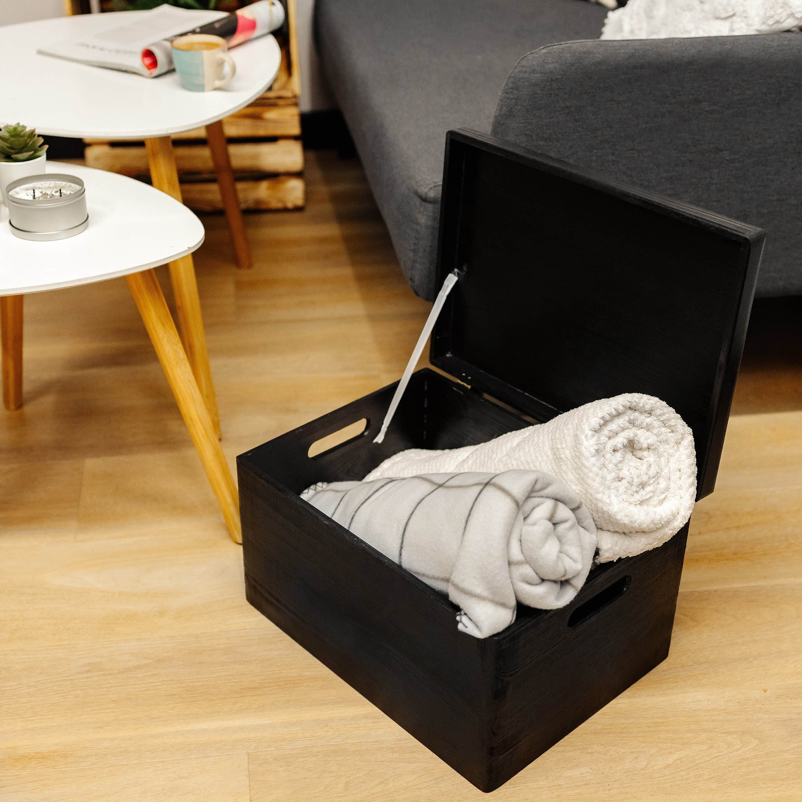 Aufbewahrung Creative Deco Creative Deco XXL Holzkiste mit Deckel 40x30x24 cm - Massivholz Aufbewahrungsbox mit Griffen & Scharnieren für Baby-Erinnerungen, DIY & Deko Schwarz
