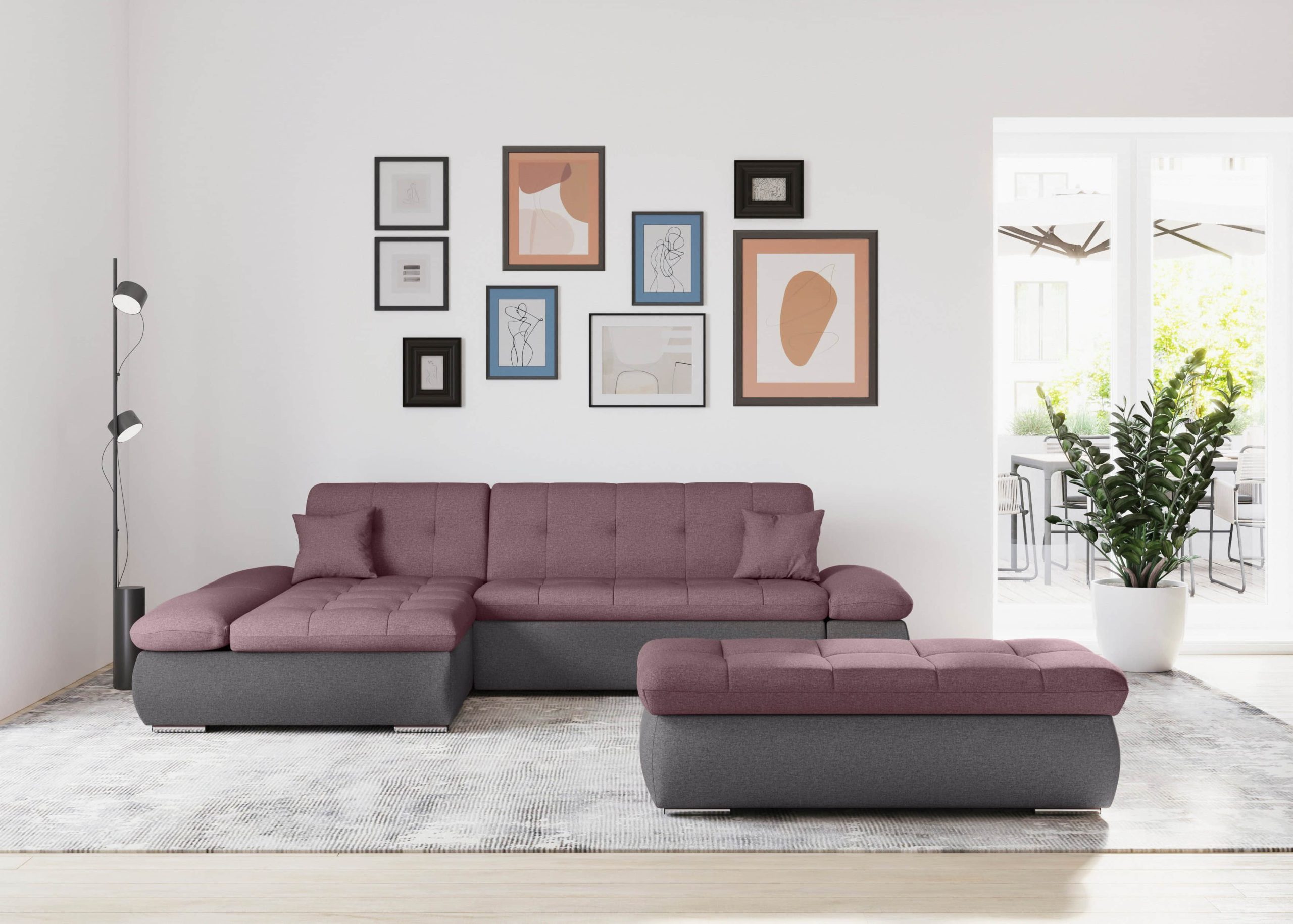DOMO collection Sofas DOMO collection Ecksofa »Moric« L-Form 300x172x80 cm – XXL Wohnlandschaft mit Bettfunktion & verstellbaren Armlehnen | Hochwertige Cord Bezüge grau/beere