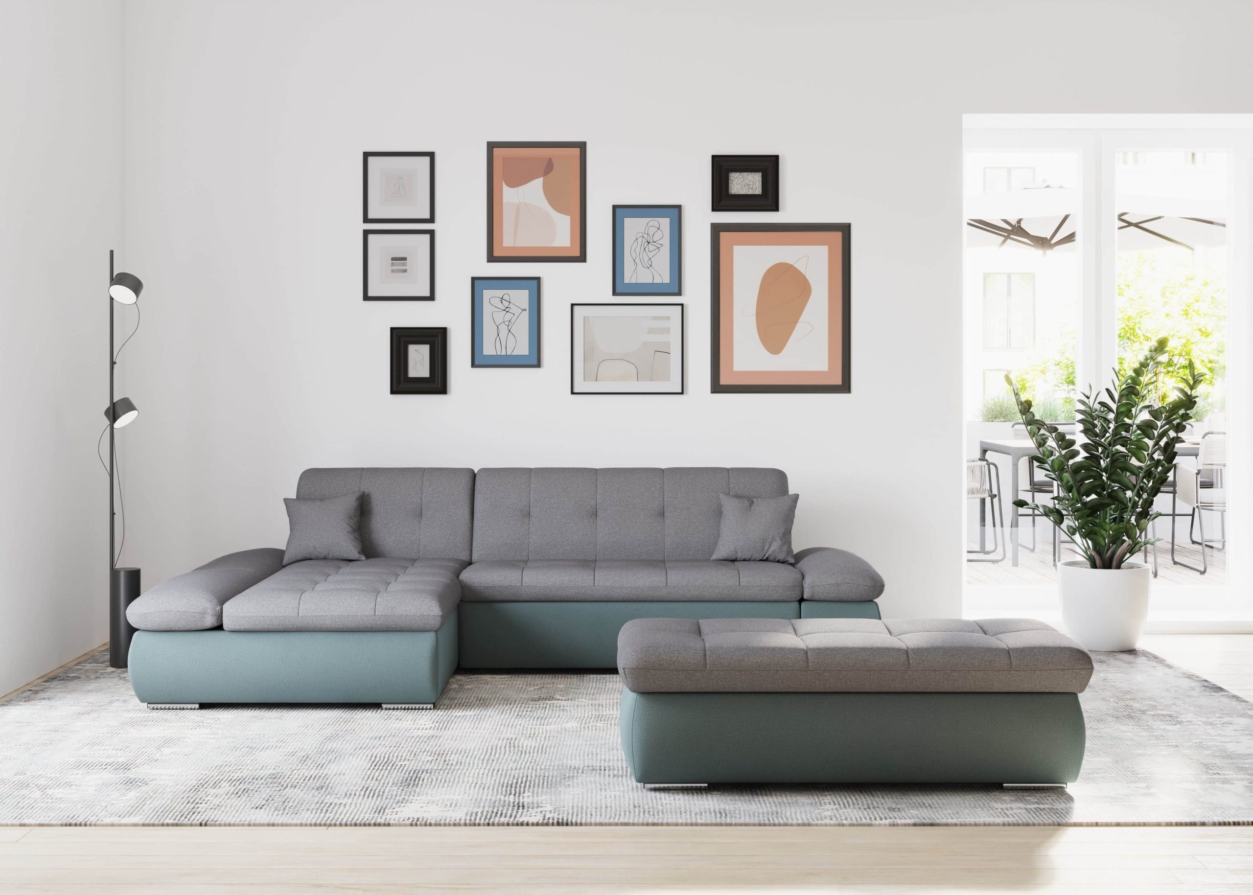 Sofas DOMO collection DOMO collection Ecksofa »Moric« L-Form 300x172x80 cm – XXL Wohnlandschaft mit Bettfunktion & verstellbaren Armlehnen | Hochwertige Cord Bezüge eisblau/gr