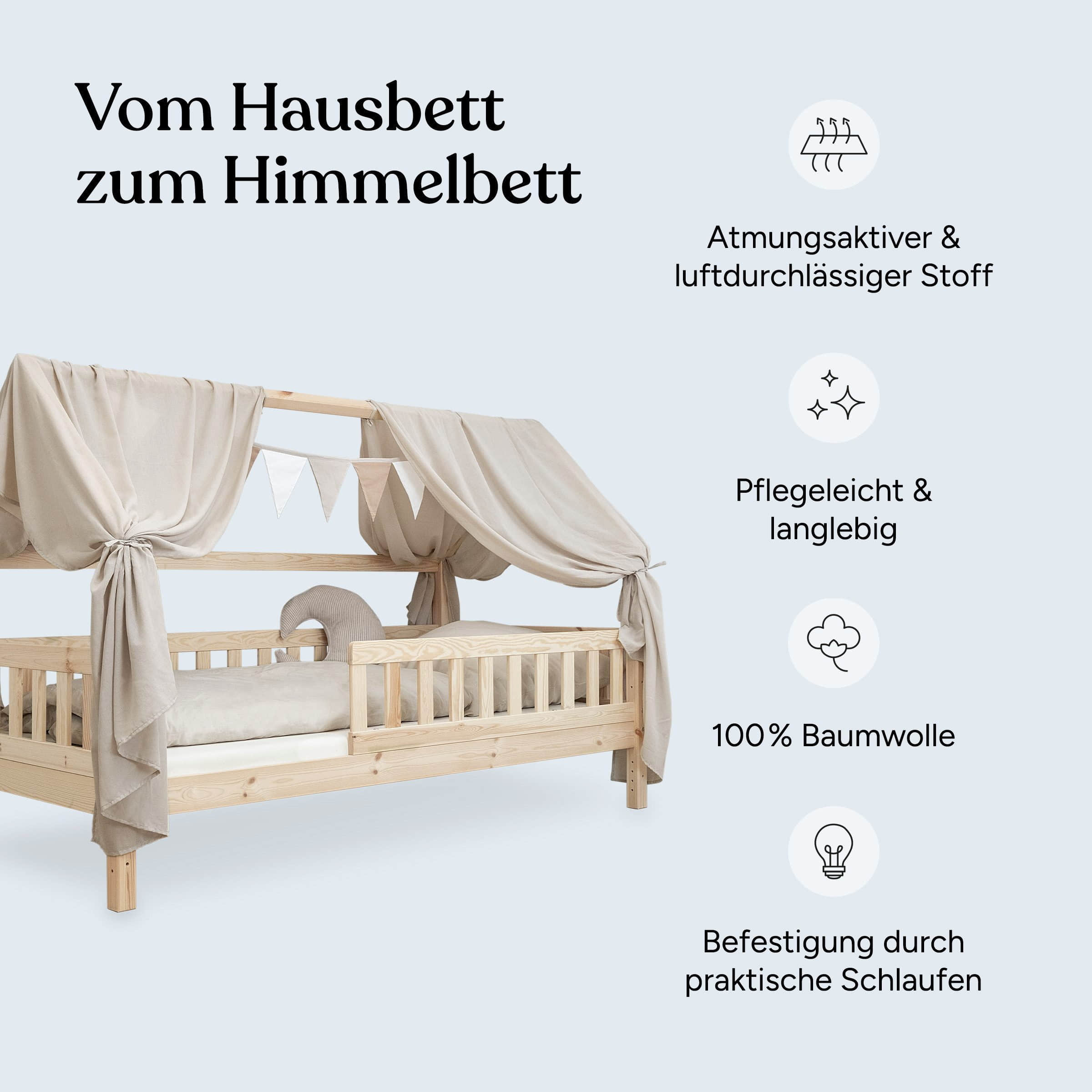 Ehrenkind Ehrenkind® Premium Betthimmel-Set mit Wimpelkette | Kinderzimmer-Deko für Hausbett | 100% Baumwolle | 4 Farben | Schlaffördernd & Kreativitätsanregend Rosé Kinderzimmer