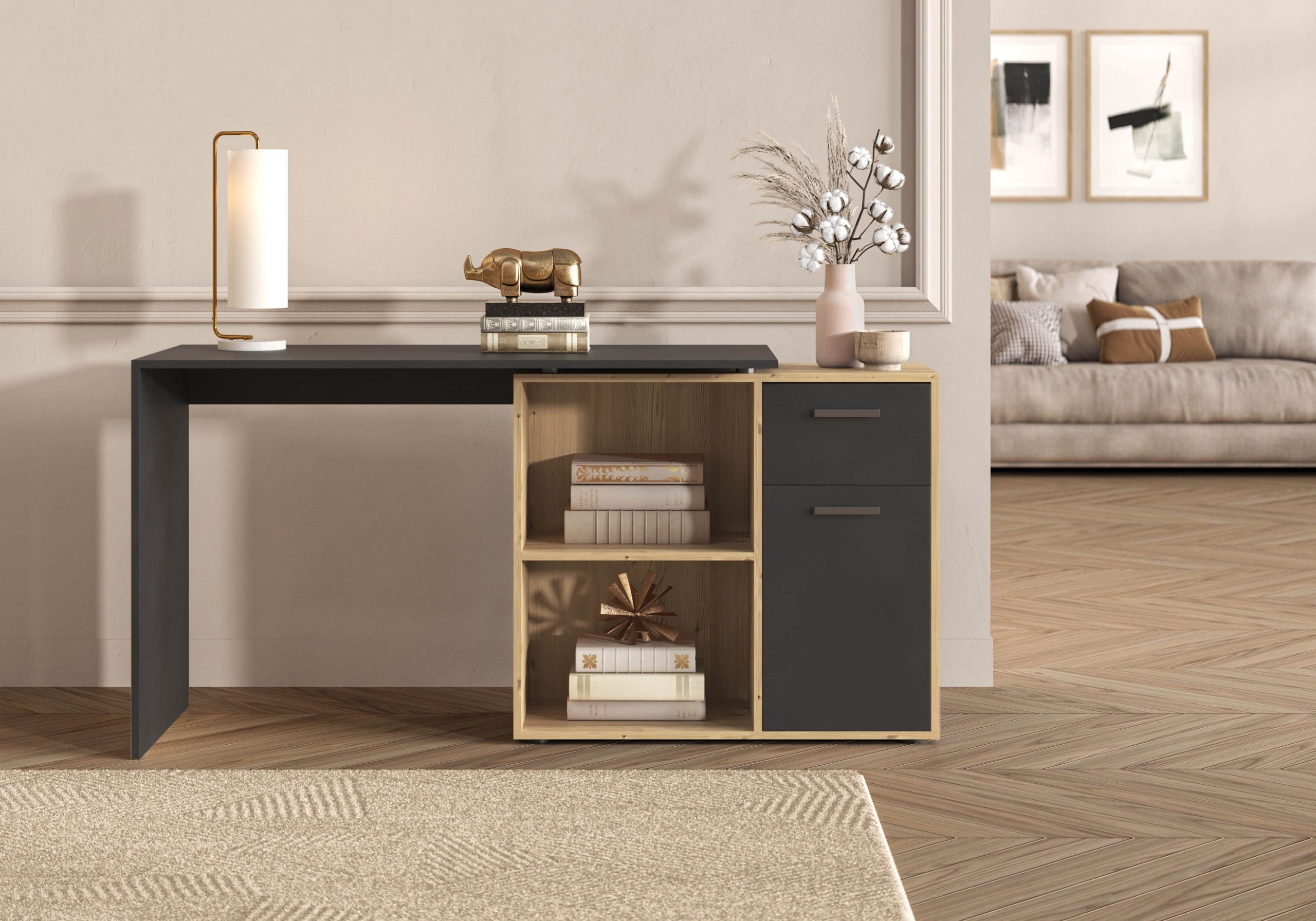 FMD FMD AUGSBURG Corner Desk - Multifunctional Home Office Solution with Storage (117/148cm) in Brown/Old-Style Steel or Gray/Concrete-White artisan ei Tische