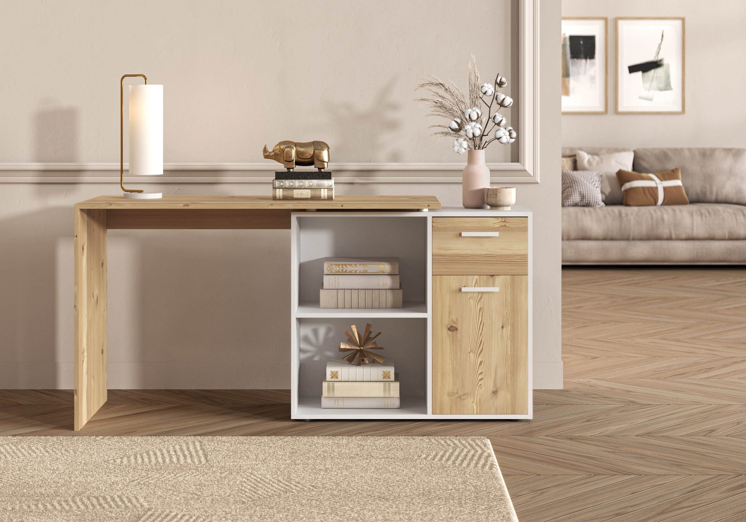 FMD FMD AUGSBURG Corner Desk - Multifunctional Home Office Solution with Storage (117/148cm) in Brown/Old-Style Steel or Gray/Concrete-White artisan ei Tische