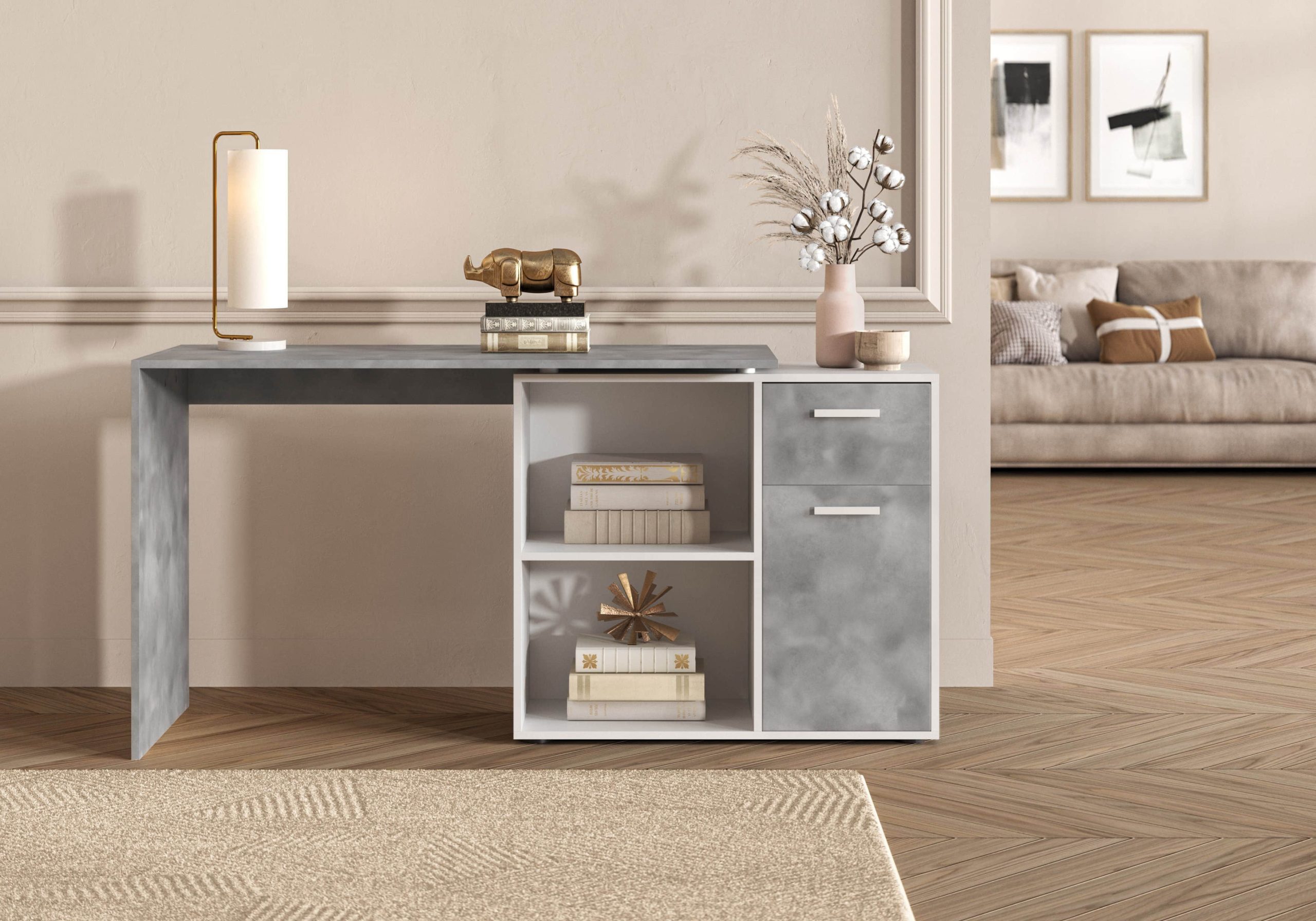 FMD AUGSBURG Corner Desk - Multifunctional Home Office Solution with Storage (117/148cm) in Brown/Old-Style Steel or Gray/Concrete-White beton-weiß FMD Tische