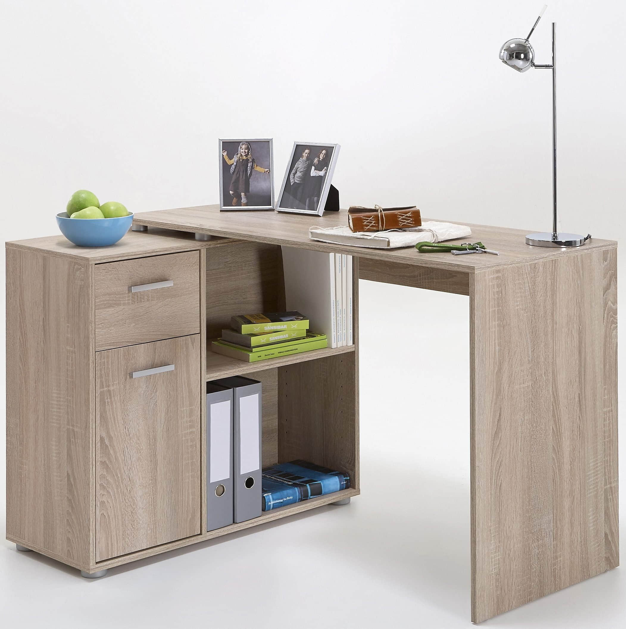 Tische FMD FMD AUGSBURG Corner Desk - Multifunctional Home Office Solution with Storage (117/148cm) in Brown/Old-Style Steel or Gray/Concrete-White eichefarben