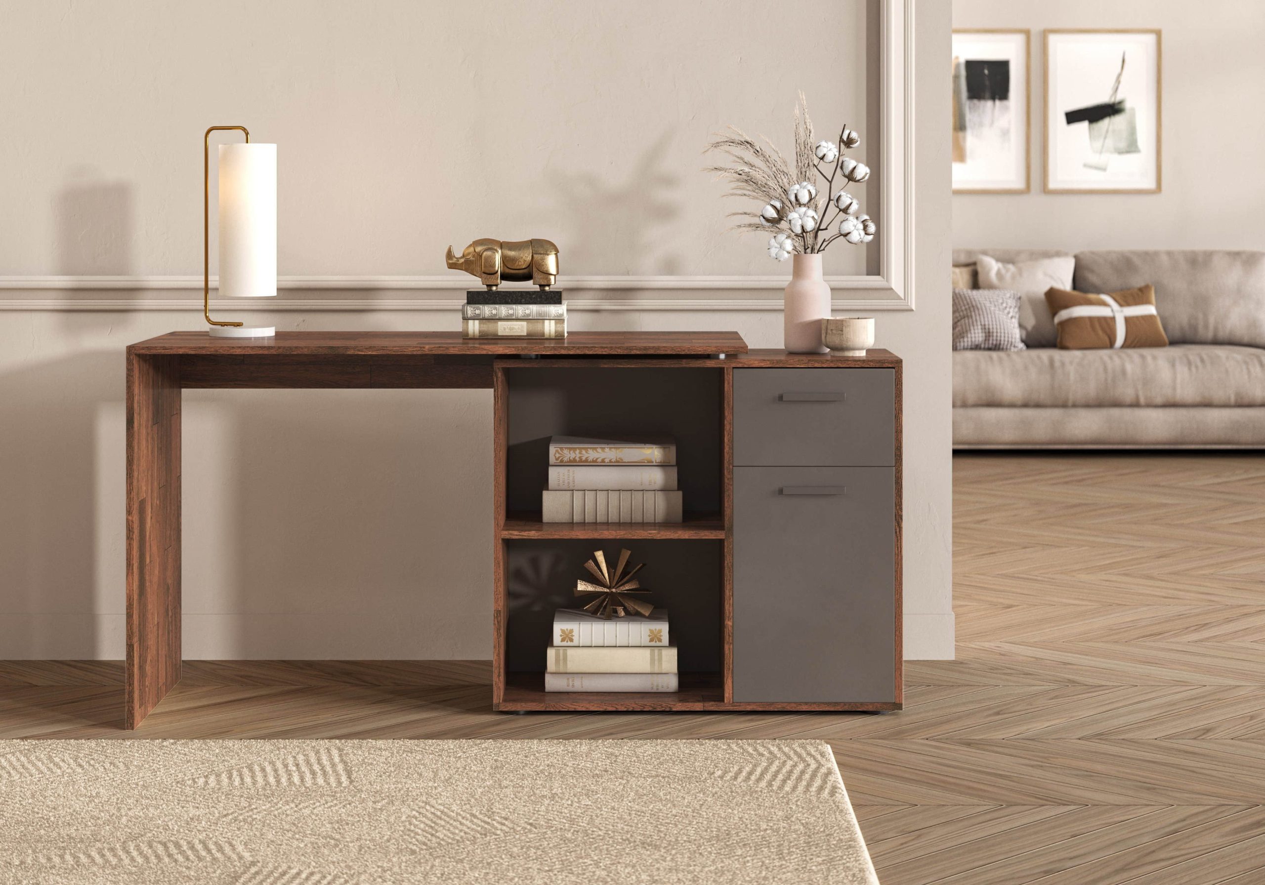 FMD Tische FMD AUGSBURG Corner Desk - Multifunctional Home Office Solution with Storage (117/148cm) in Brown/Old-Style Steel or Gray/Concrete-White old-style/