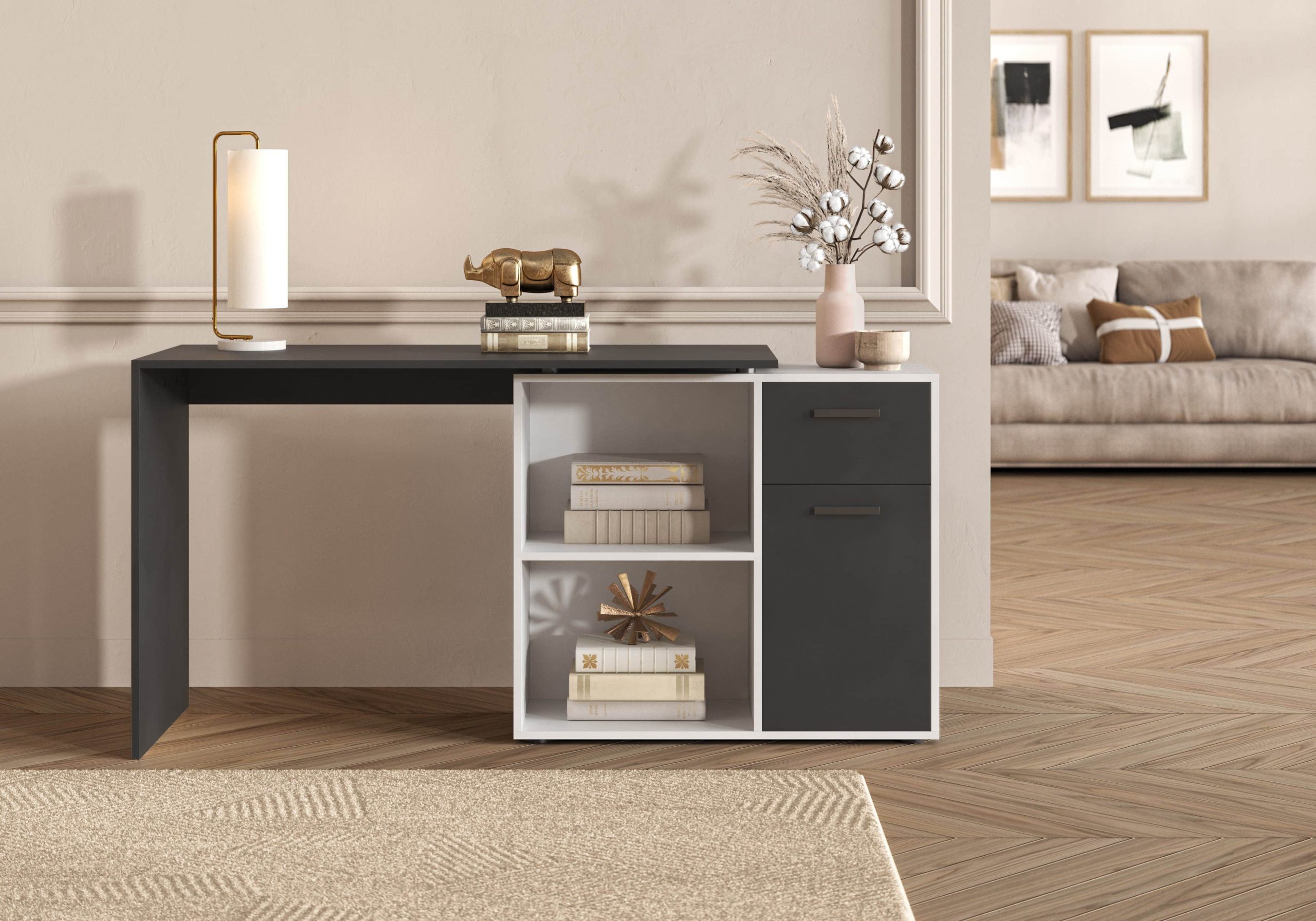 FMD Tische FMD AUGSBURG Corner Desk - Multifunctional Home Office Solution with Storage (117/148cm) in Brown/Old-Style Steel or Gray/Concrete-White schwarz-we