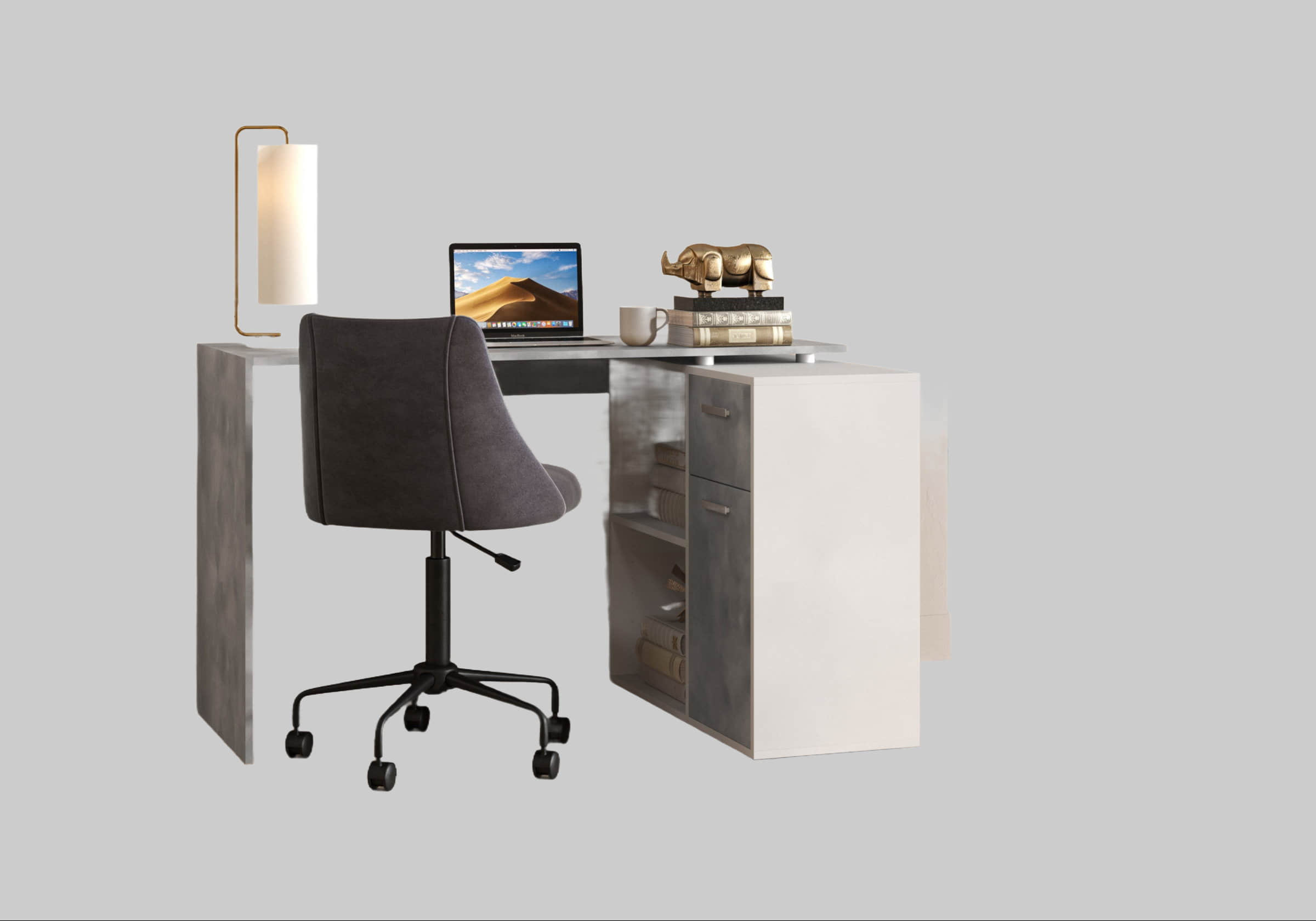 FMD AUGSBURG Corner Desk - Multifunctional Home Office Solution with Storage (117/148cm) in Brown/Old-Style Steel or Gray/Concrete-White beton-weiß FMD Tische