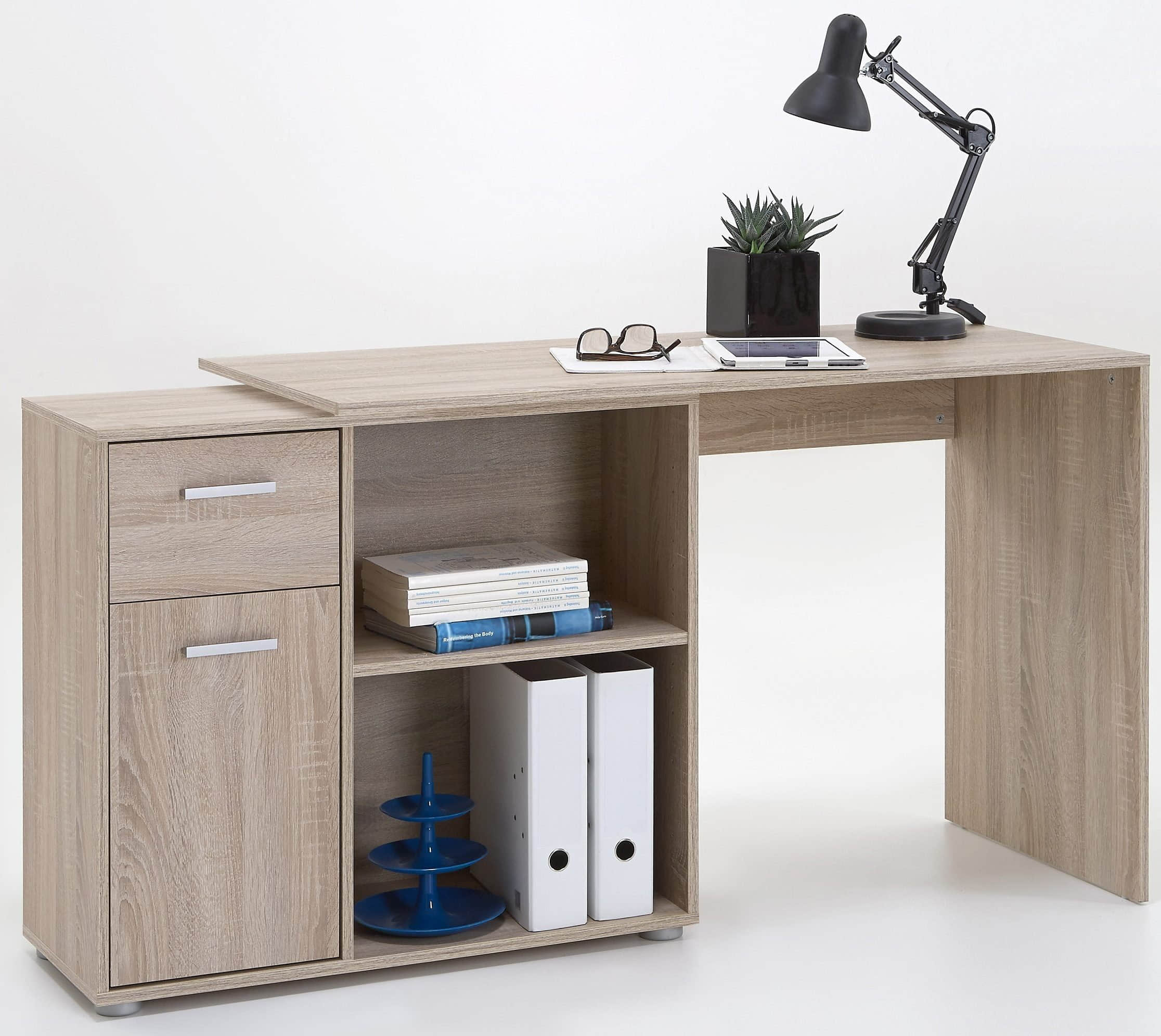 Tische FMD FMD AUGSBURG Corner Desk - Multifunctional Home Office Solution with Storage (117/148cm) in Brown/Old-Style Steel or Gray/Concrete-White eichefarben