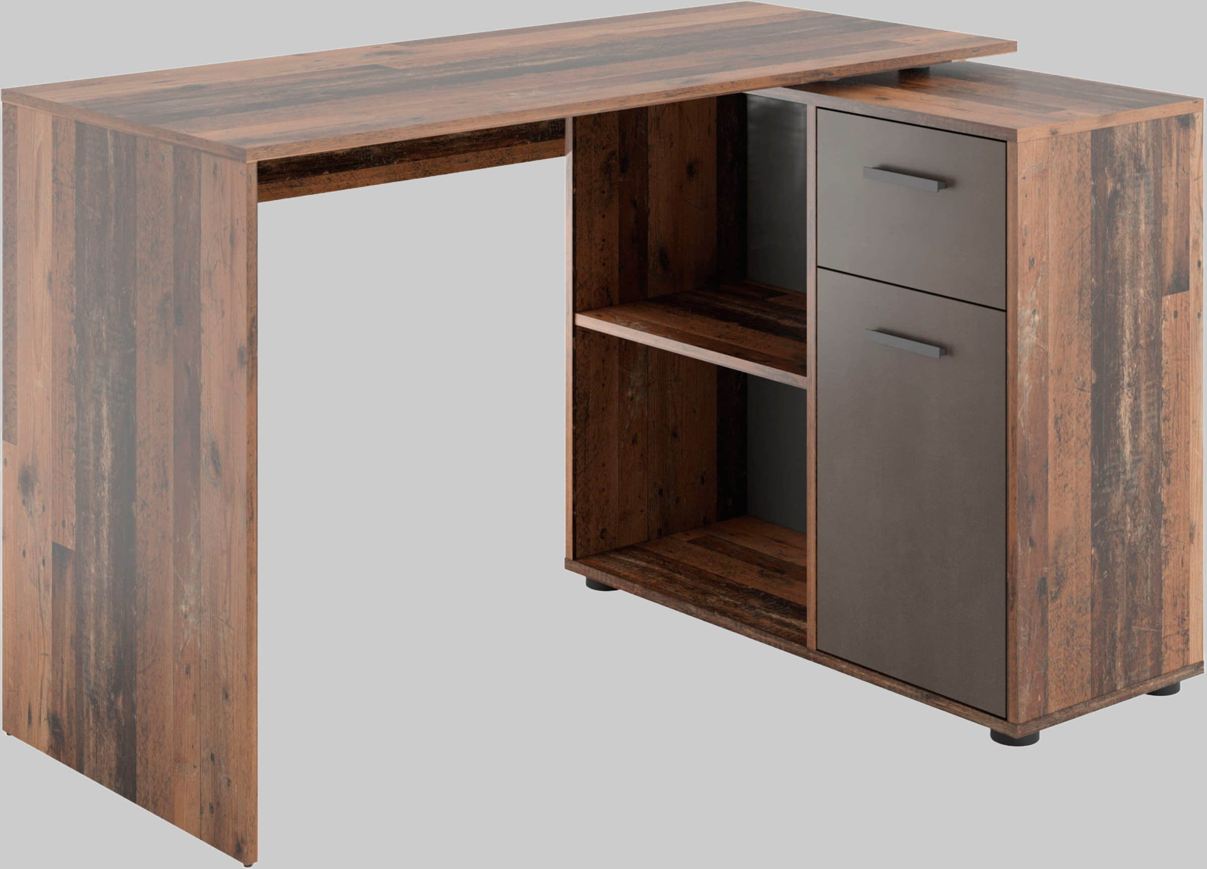 FMD Tische FMD AUGSBURG Corner Desk - Multifunctional Home Office Solution with Storage (117/148cm) in Brown/Old-Style Steel or Gray/Concrete-White old-style/