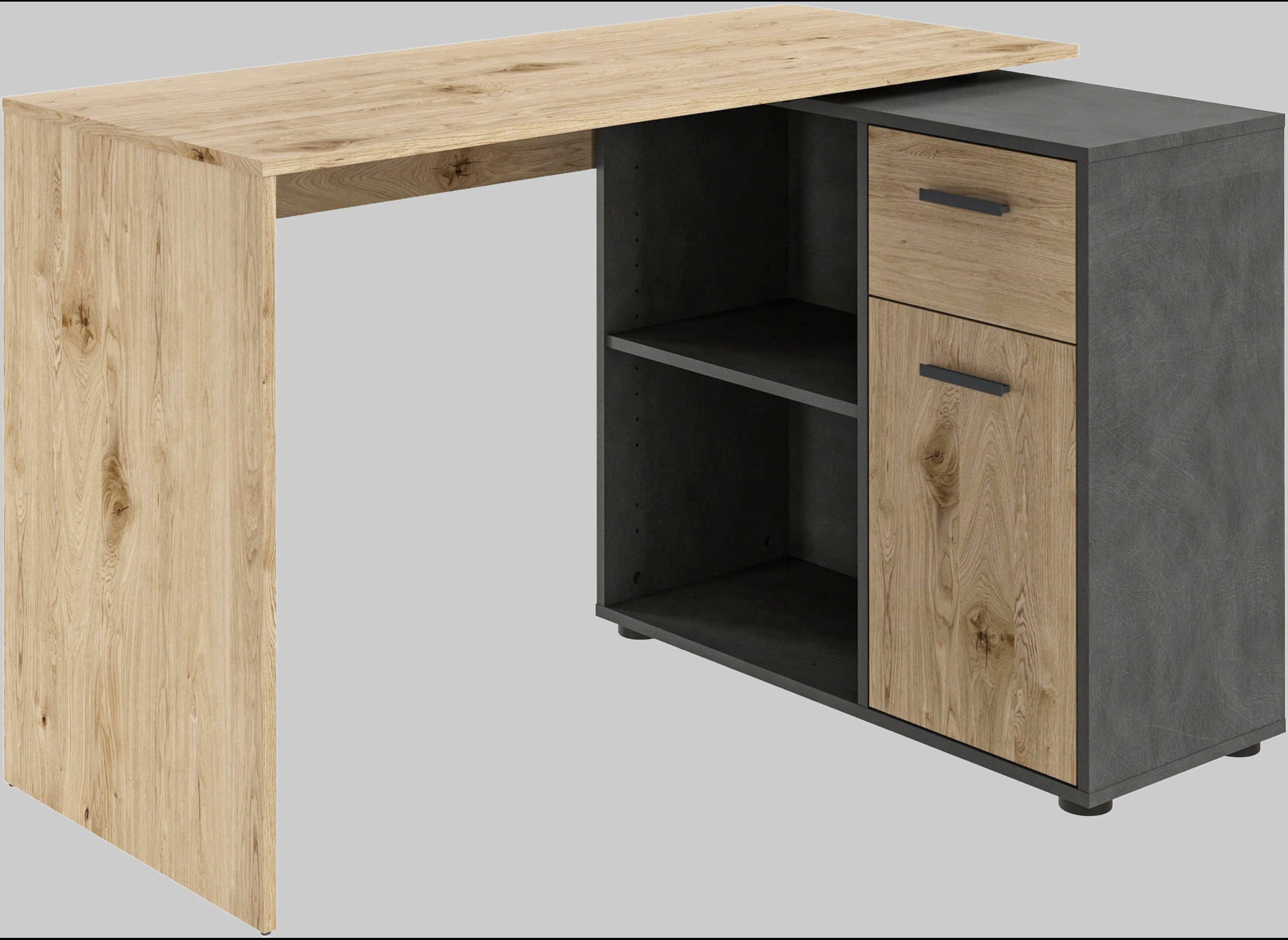 Tische FMD FMD AUGSBURG Corner Desk - Multifunctional Home Office Solution with Storage (117/148cm) in Brown/Old-Style Steel or Gray/Concrete-White viking-eic