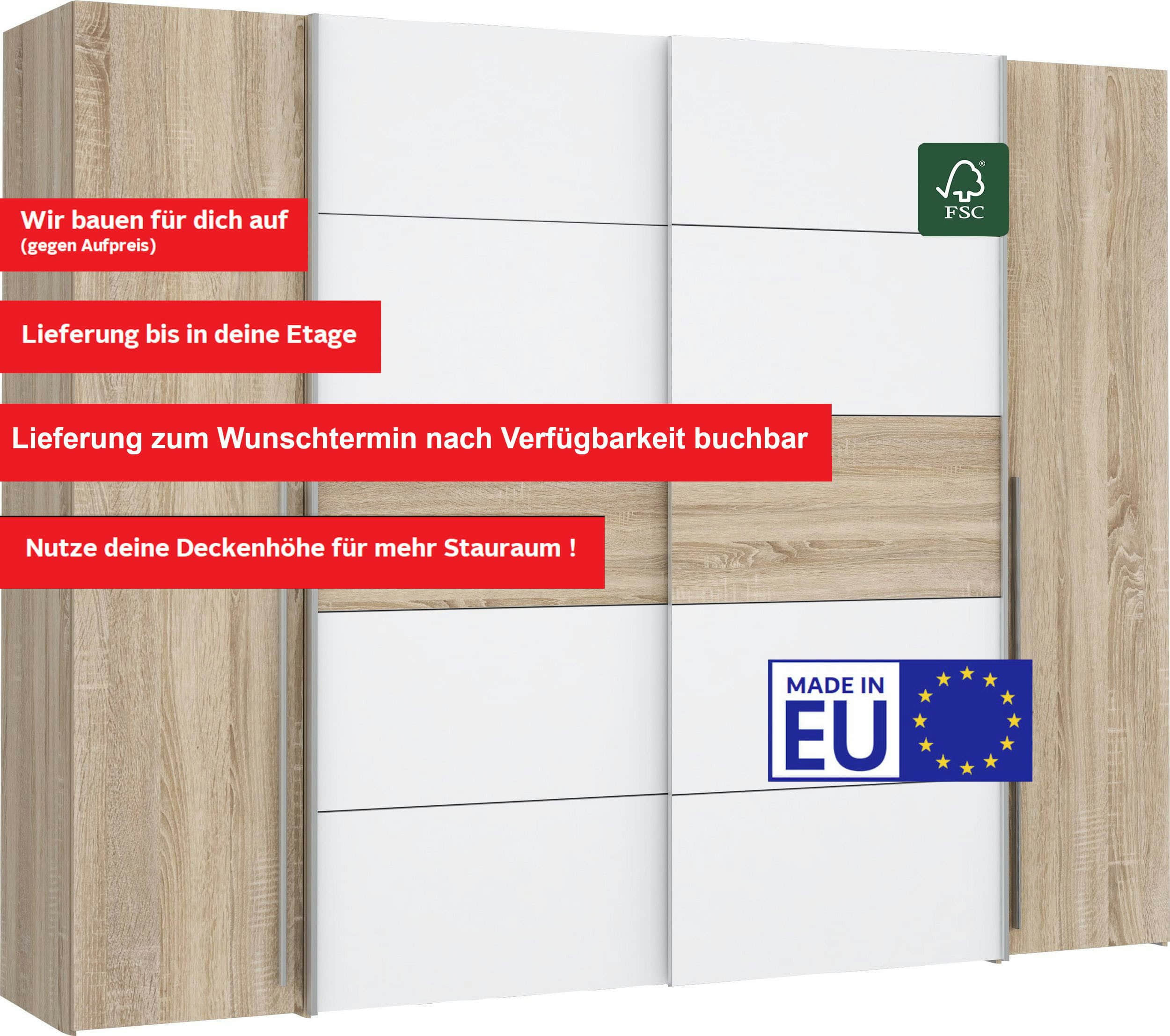 Kinderzimmer FORTE FORTE Dreh-/Schwebetürenschrank Narago | OTTOs Choice TOPSELLER | 270x210x61cm | Weiß (mit Spiegeloption) | Höhenverstellbare Böden | Maximaler Stauraum | Made in Europe Sonoma Eic