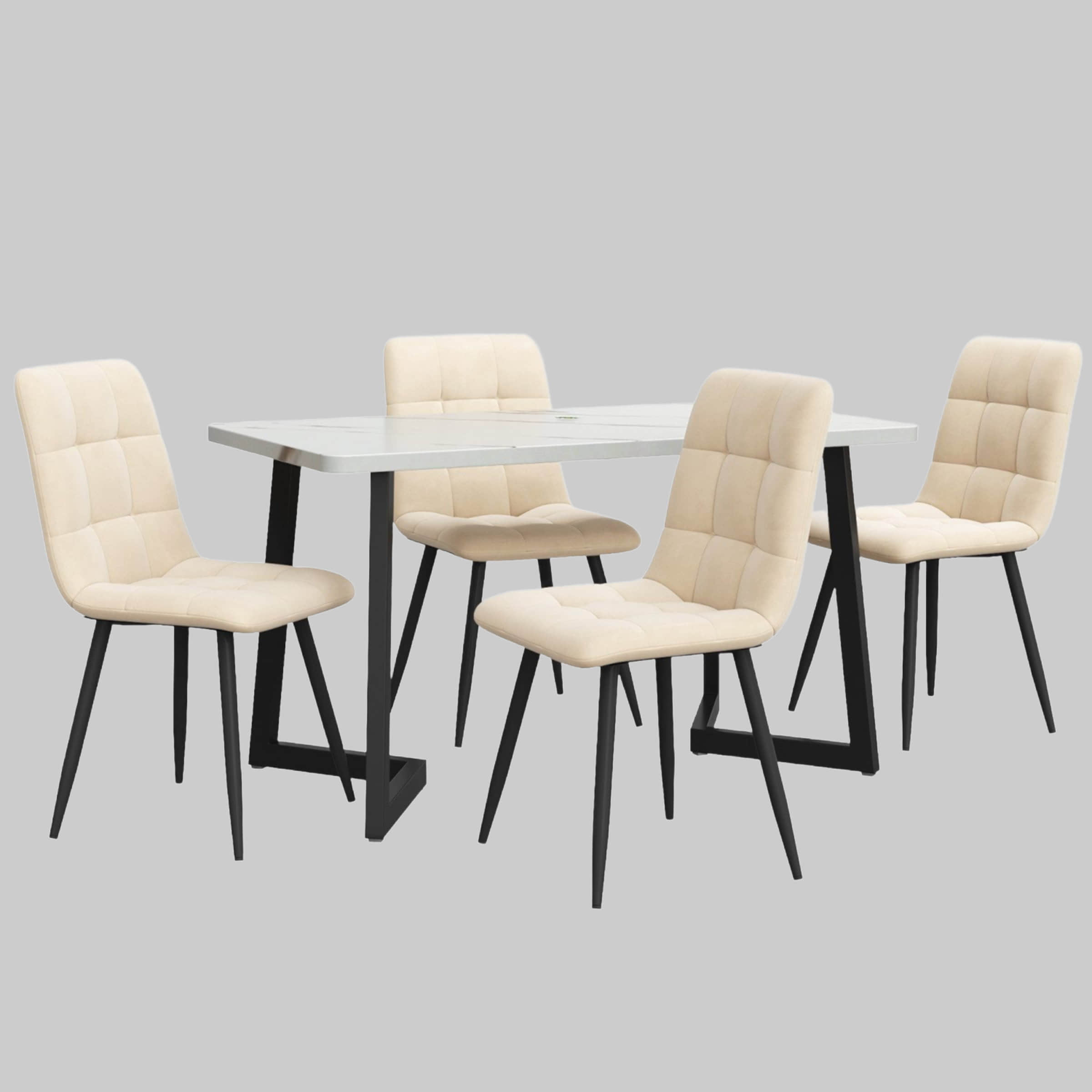 Flieks Tische Flieks Essgruppe (5-tlg.) – Moderner Esstisch mit 4 Stühlen Set, Metallbeine & Samtbezug – Platzsparendes Esszimmer-Set für kleine Küchen Beige