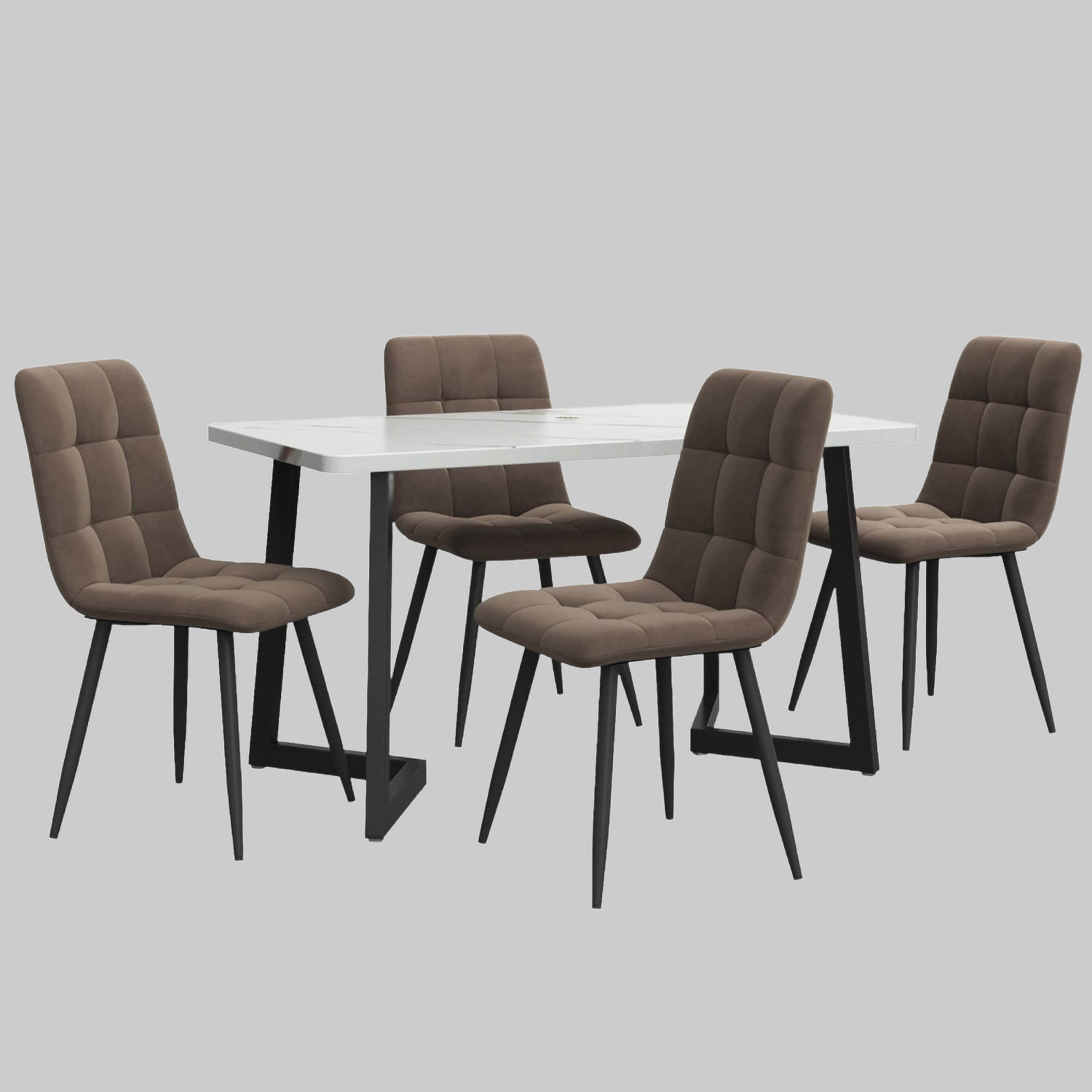 Flieks Essgruppe (5-tlg.) – Moderner Esstisch mit 4 Stühlen Set, Metallbeine & Samtbezug – Platzsparendes Esszimmer-Set für kleine Küchen Braun Tische Flieks