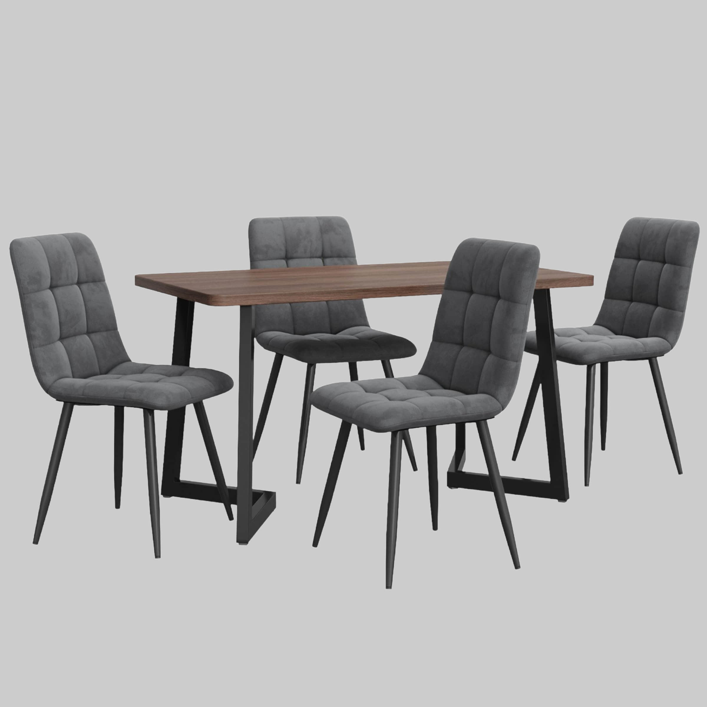 Tische Flieks Flieks Essgruppe (5-tlg.) – Moderner Esstisch mit 4 Stühlen Set, Metallbeine & Samtbezug – Platzsparendes Esszimmer-Set für kleine Küchen Grau