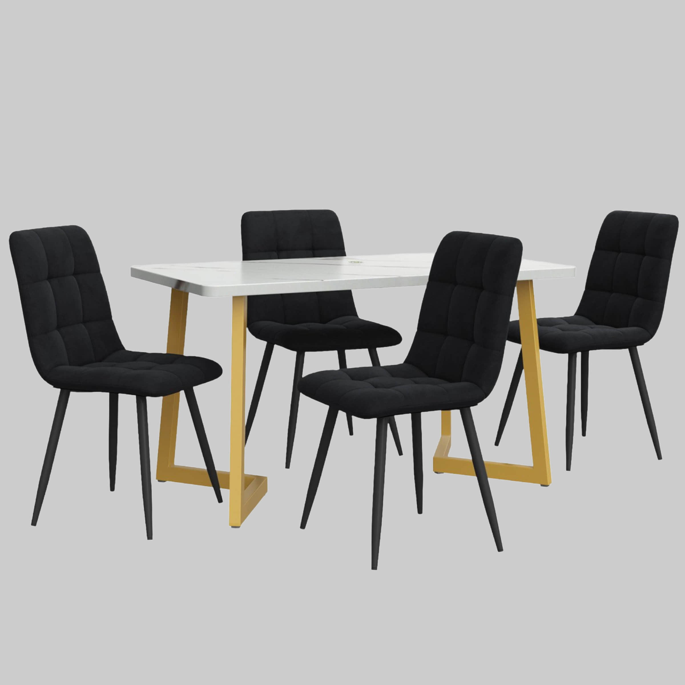 Flieks Essgruppe (5-tlg.) – Moderner Esstisch mit 4 Stühlen Set, Metallbeine & Samtbezug – Platzsparendes Esszimmer-Set für kleine Küchen Schwarz Flieks Tische