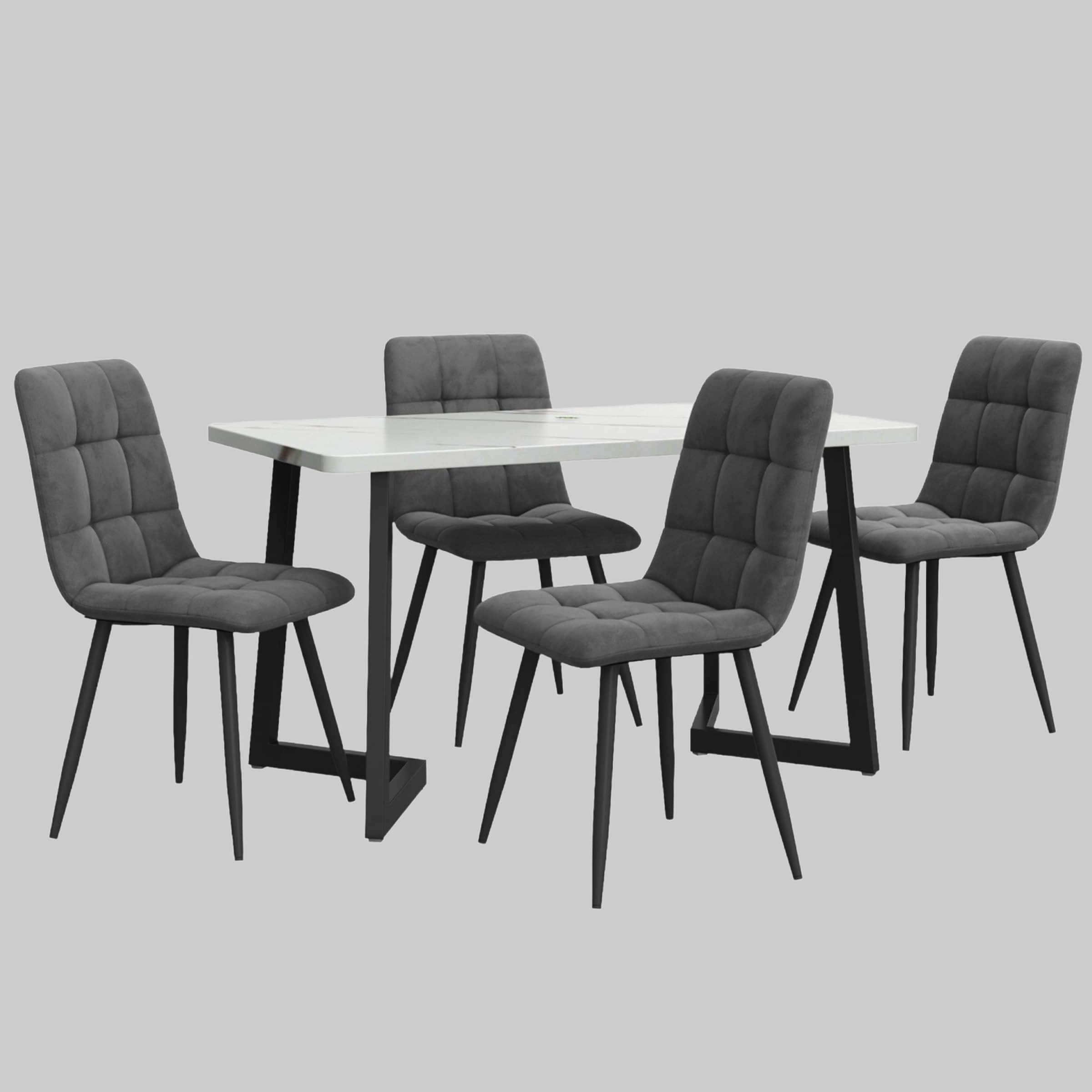 Flieks Essgruppe (5-tlg.) – Moderner Esstisch mit 4 Stühlen Set, Metallbeine & Samtbezug – Platzsparendes Esszimmer-Set für kleine Küchen Grau Tische Flieks