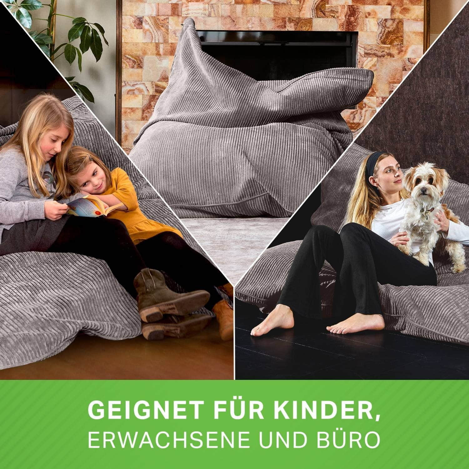 Green Bean Cordoba XXL Sitzsack (140x180cm) aus Cordstoff mit 380L EPS-Perlen - Waschbarer Lounge-Sessel, Gaming-Stuhl & Bodenkissen für Erwachsene & Kinder Grau Sessel Green Bean