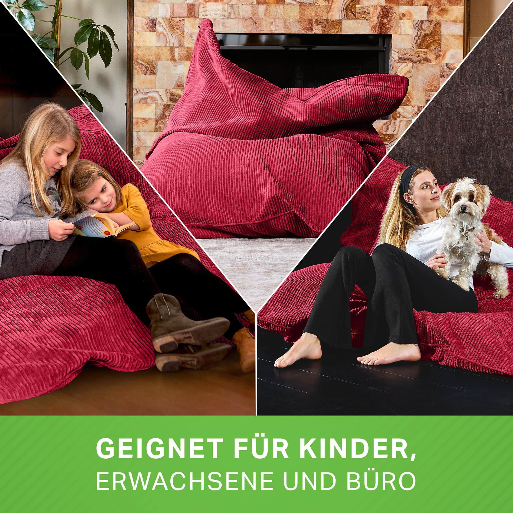 Green Bean Green Bean Cordoba XXL Sitzsack (140x180cm) aus Cordstoff mit 380L EPS-Perlen - Waschbarer Lounge-Sessel, Gaming-Stuhl & Bodenkissen für Erwachsene & Kinder Rot Sessel