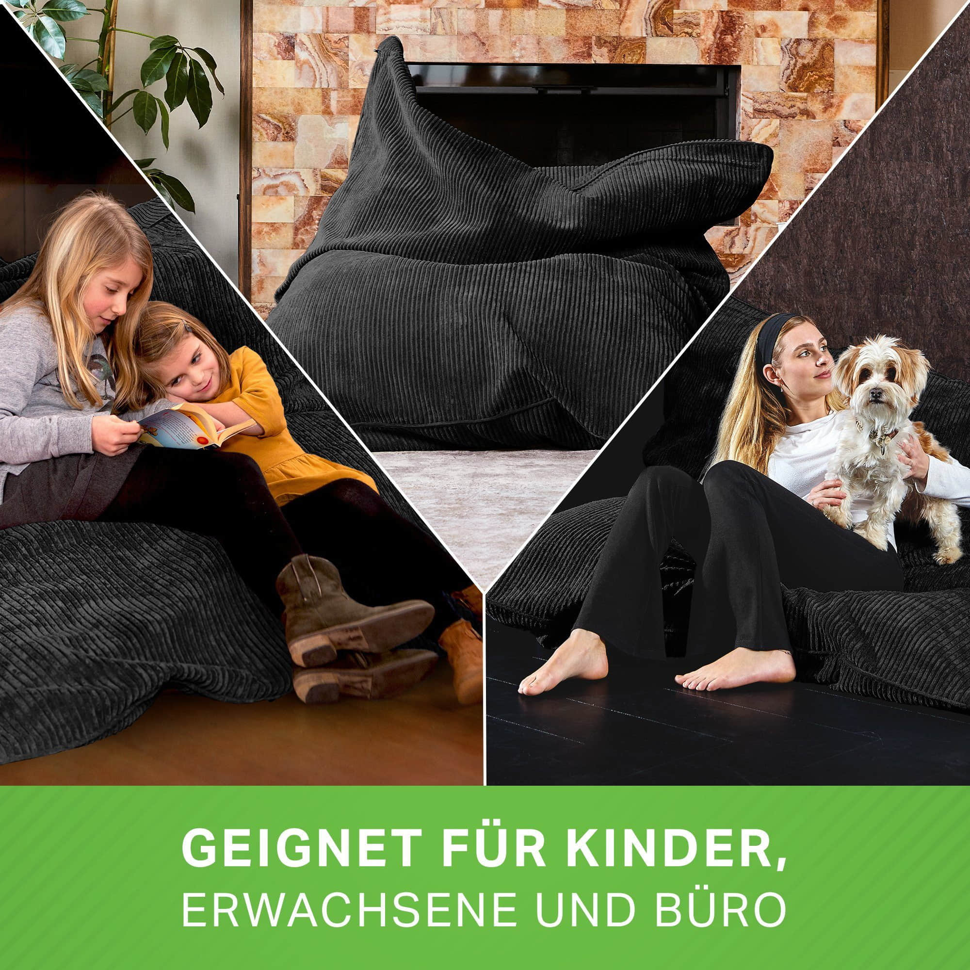 Green Bean Cordoba XXL Sitzsack (140x180cm) aus Cordstoff mit 380L EPS-Perlen - Waschbarer Lounge-Sessel, Gaming-Stuhl & Bodenkissen für Erwachsene & Kinder Schwarz Green Bean Sessel