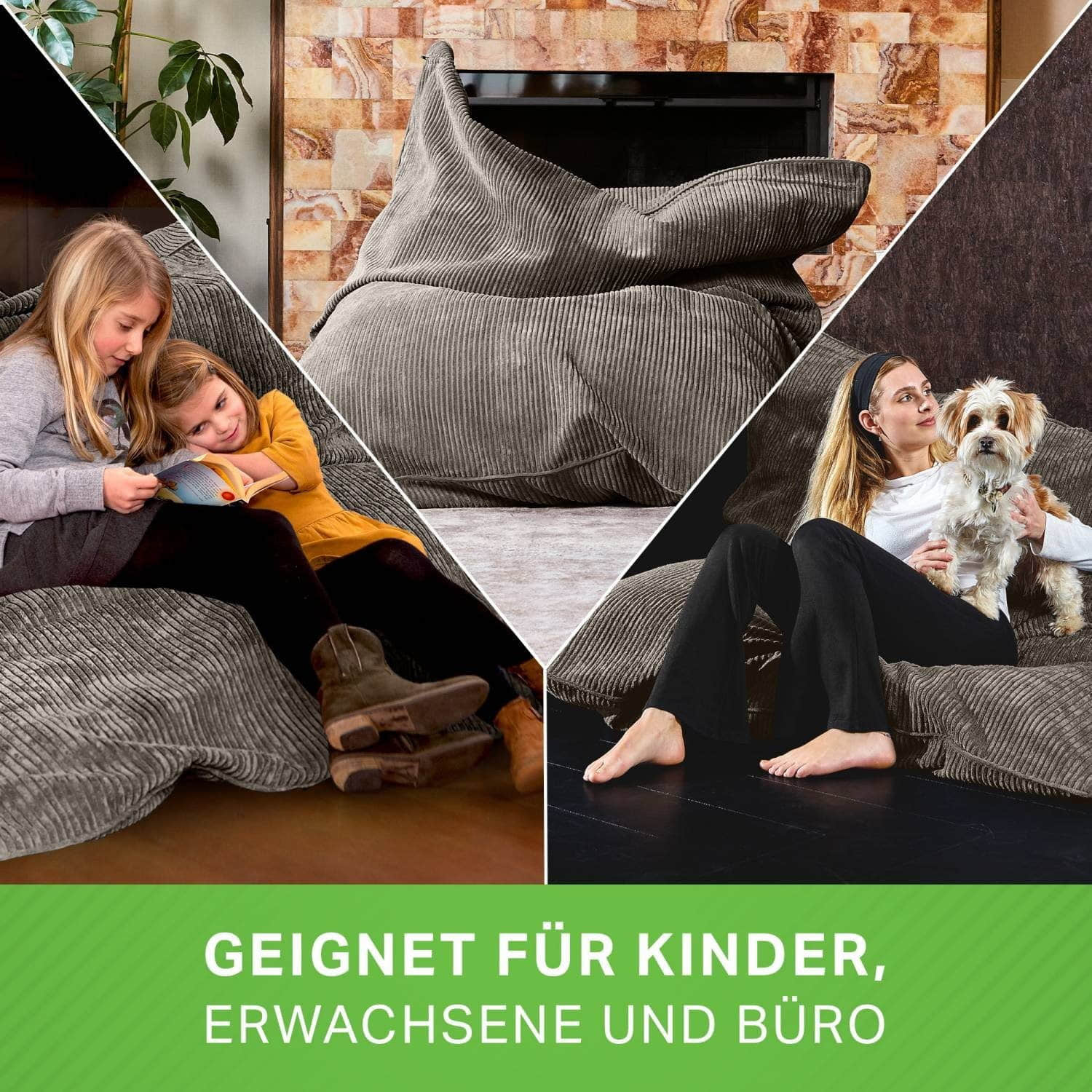 Green Bean Cordoba XXL Sitzsack (140x180cm) aus Cordstoff mit 380L EPS-Perlen - Waschbarer Lounge-Sessel, Gaming-Stuhl & Bodenkissen für Erwachsene & Kinder Anthrazit Green Bean Sessel