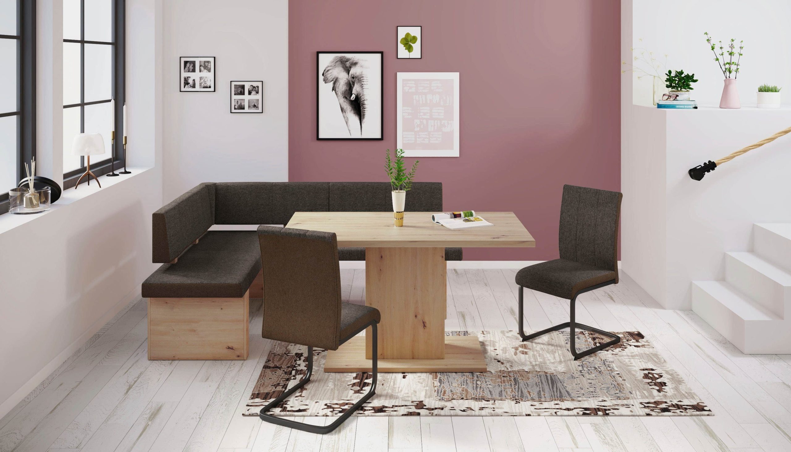 HELA Eckbank »LINN« EB anthrazit | Beidseitig montierbar | 140x200 cm | Artisan Eiche-Füße | Webstoff DILJA/BREGO Braun/Arti HELA Sitzbänke