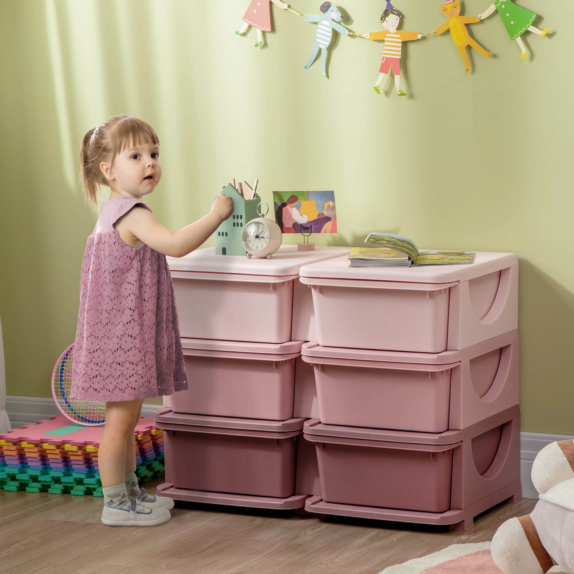 HOMCOM Kinderzimmer HOMCOM Kinder Schubladenschrank mit 6 Ebenen | Spielzeugaufbewahrung & Organizer (75x37x56,5 cm) | Stabile Kunststoff-Kommode für Kinderzimmer | Blau/Rosa/Violett | Babymöbel & Kindermöbel Rosa+ Viol