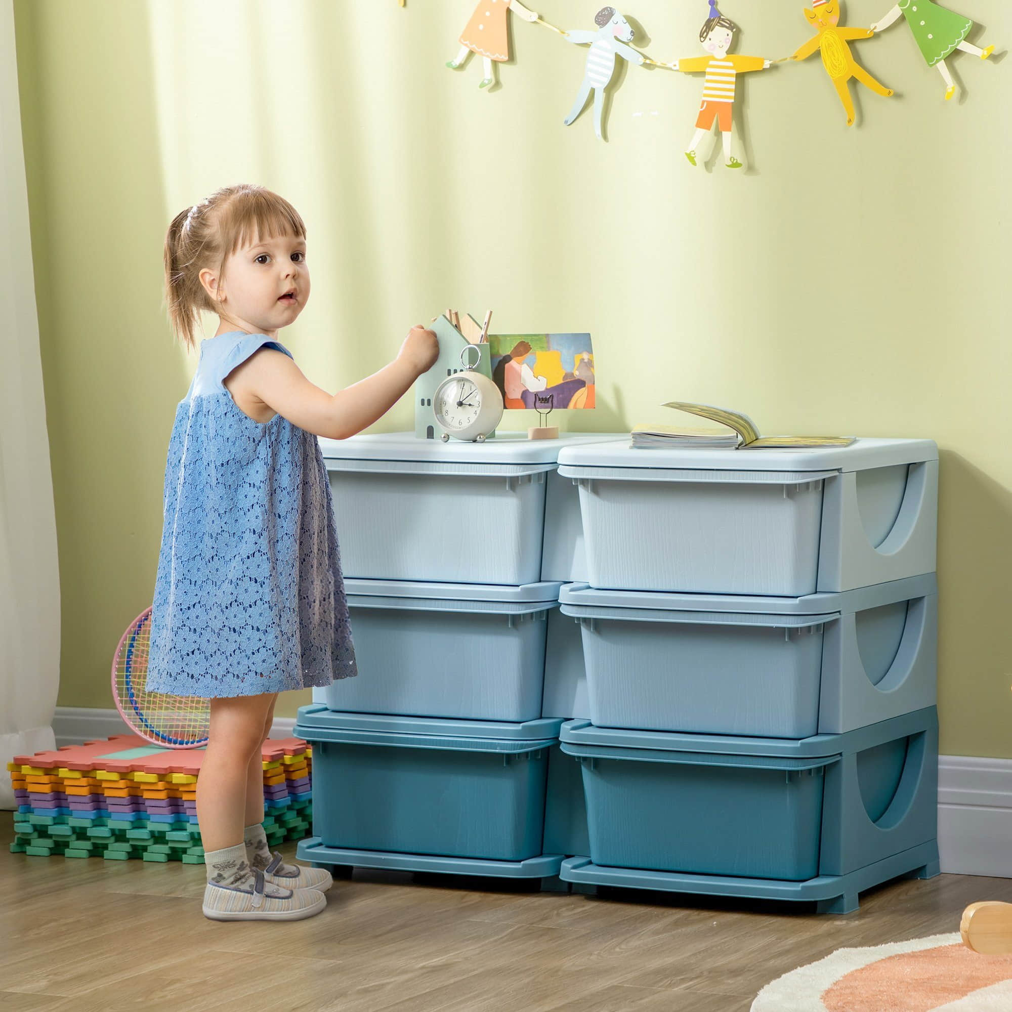 Kinderzimmer HOMCOM HOMCOM Kinder Schubladenschrank mit 6 Ebenen | Spielzeugaufbewahrung & Organizer (75x37x56,5 cm) | Stabile Kunststoff-Kommode für Kinderzimmer | Blau/Rosa/Violett | Babymöbel & Kindermöbel Blau
