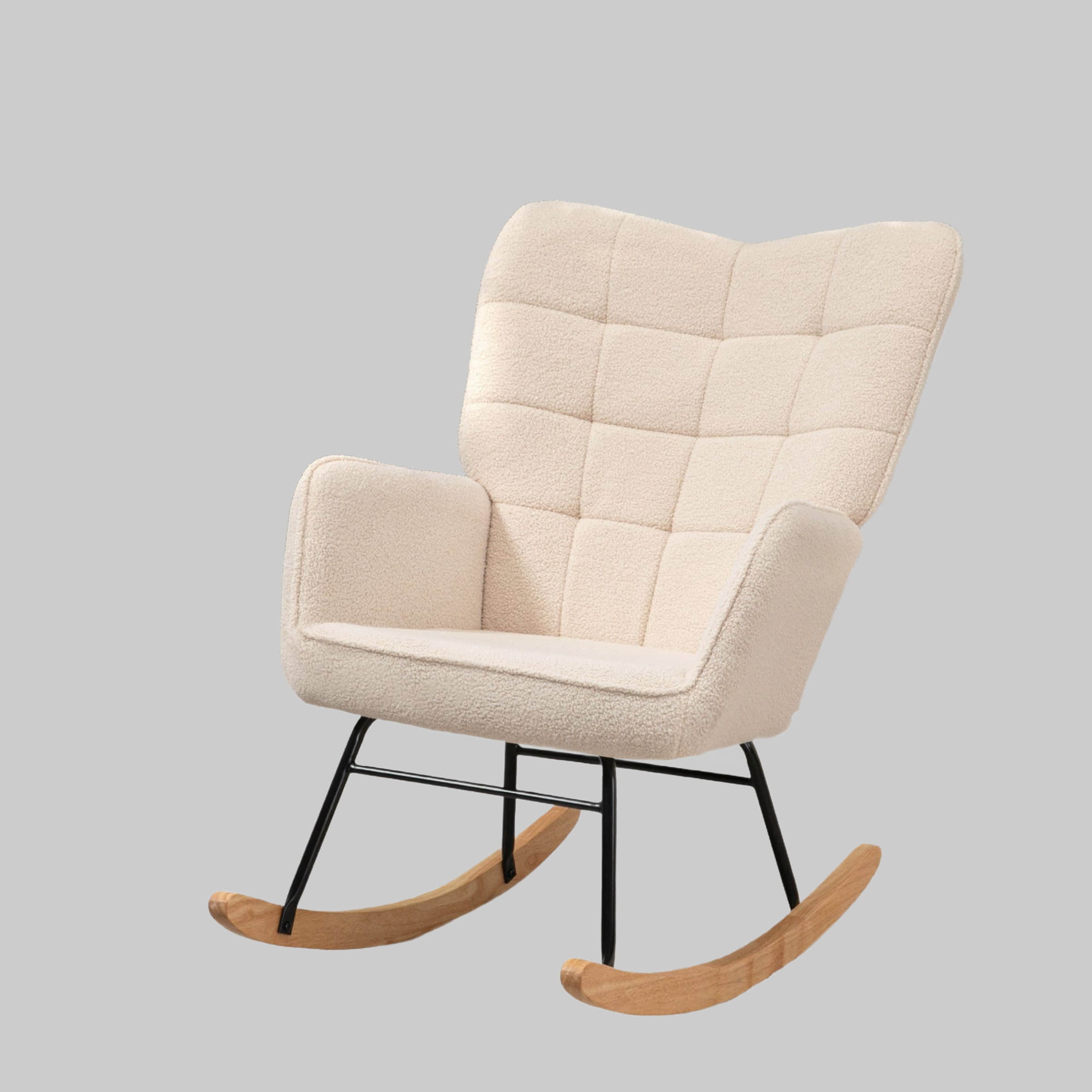 Stühle HOMCOM HOMCOM Schaukelstuhl Premium Edition | Schwingsessel mit Wollbouclé-Stoff & Kautschukholzbeinen | 120 kg Belastbar | Hellblau | B96xT60xH96 cm Beige