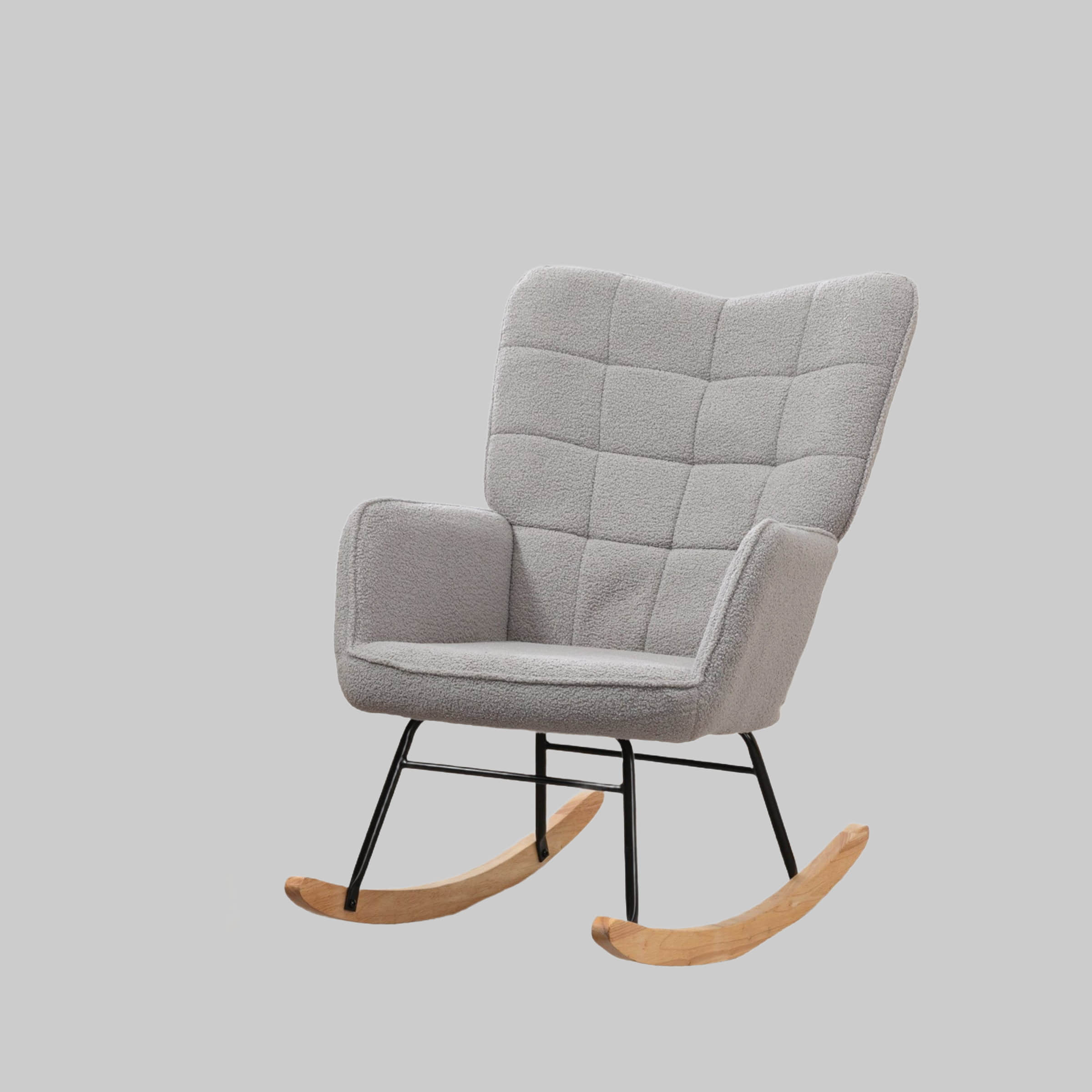 Stühle HOMCOM HOMCOM Schaukelstuhl Premium Edition | Schwingsessel mit Wollbouclé-Stoff & Kautschukholzbeinen | 120 kg Belastbar | Hellblau | B96xT60xH96 cm Hellgrau