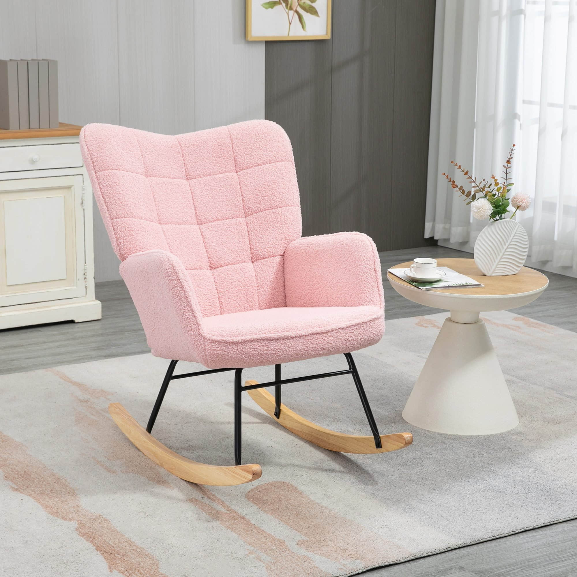 HOMCOM HOMCOM Schaukelstuhl Premium Edition | Schwingsessel mit Wollbouclé-Stoff & Kautschukholzbeinen | 120 kg Belastbar | Hellblau | B96xT60xH96 cm Rosa Stühle