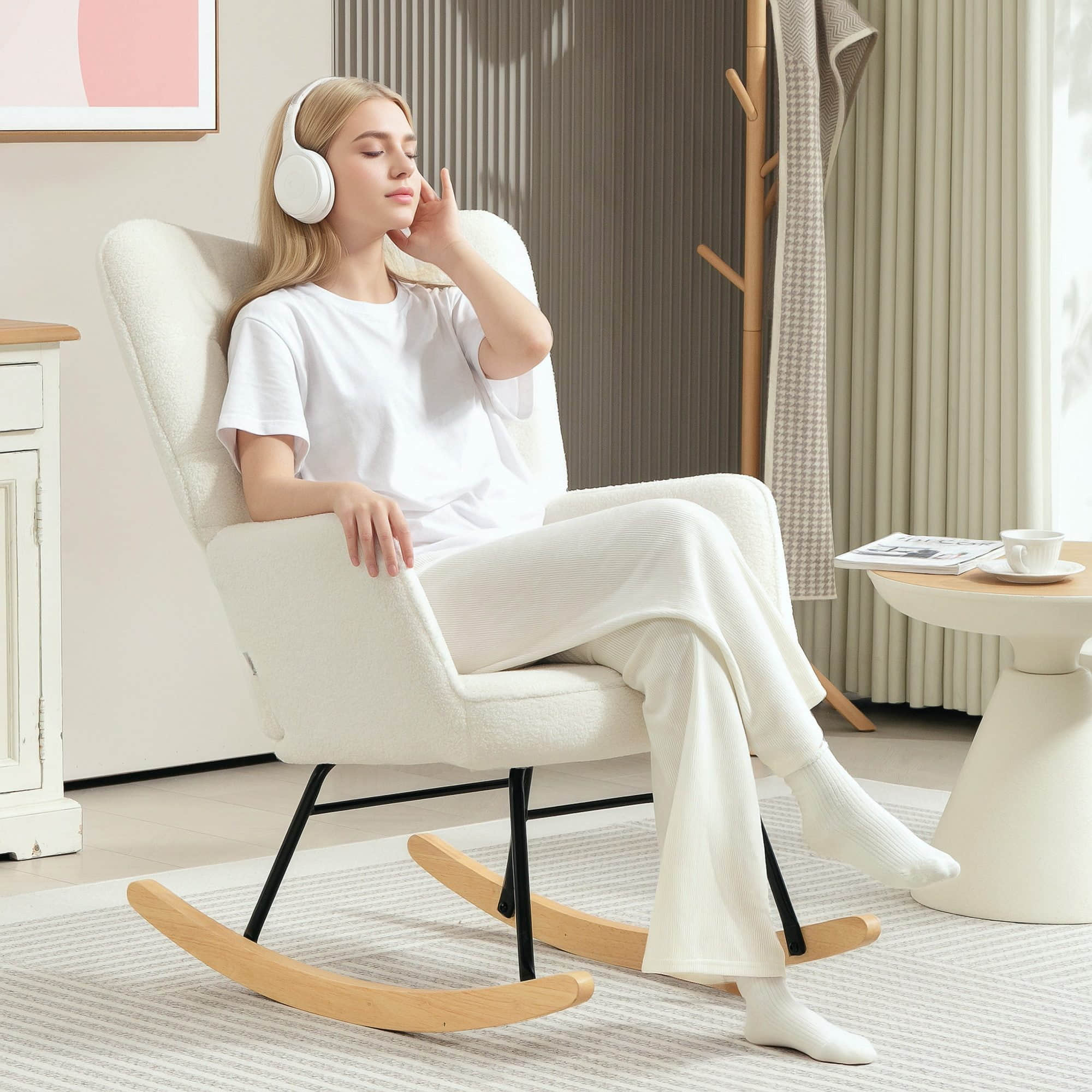 HOMCOM HOMCOM Schaukelstuhl Premium Edition | Schwingsessel mit Wollbouclé-Stoff & Kautschukholzbeinen | 120 kg Belastbar | Hellblau | B96xT60xH96 cm Weiß Stühle