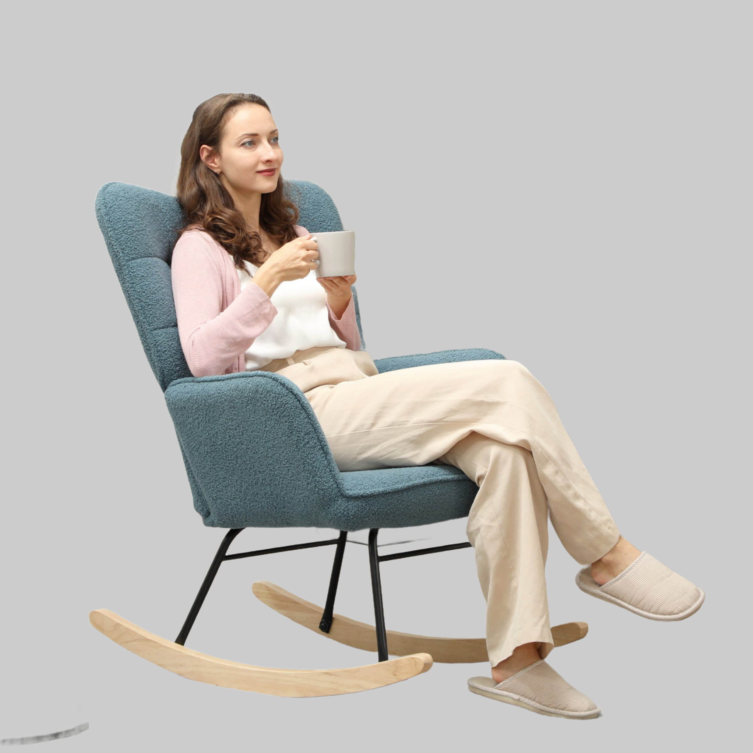HOMCOM Stühle HOMCOM Schaukelstuhl Premium Edition | Schwingsessel mit Wollbouclé-Stoff & Kautschukholzbeinen | 120 kg Belastbar | Hellblau | B96xT60xH96 cm Hellblau