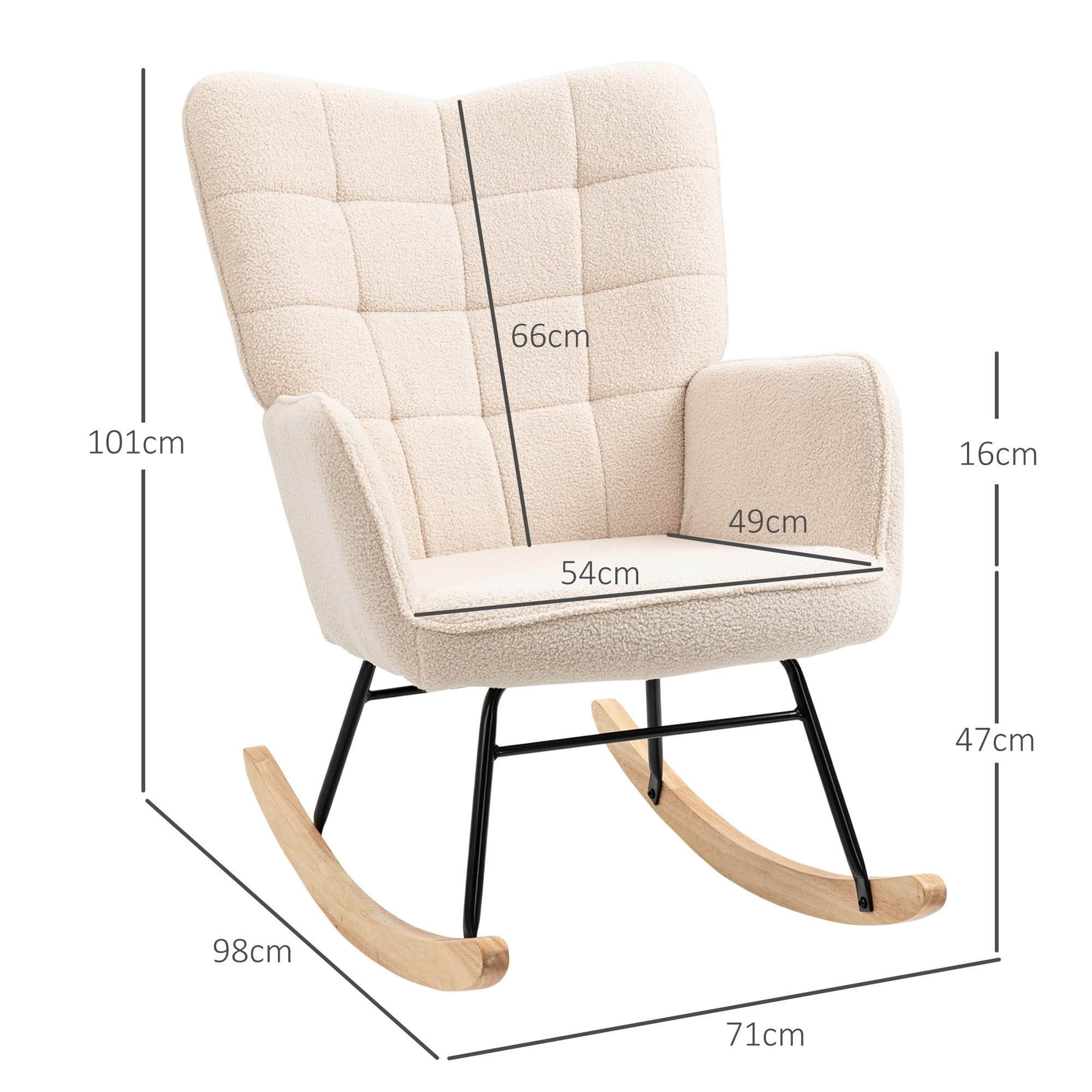 Stühle HOMCOM HOMCOM Schaukelstuhl Premium Edition | Schwingsessel mit Wollbouclé-Stoff & Kautschukholzbeinen | 120 kg Belastbar | Hellblau | B96xT60xH96 cm Beige