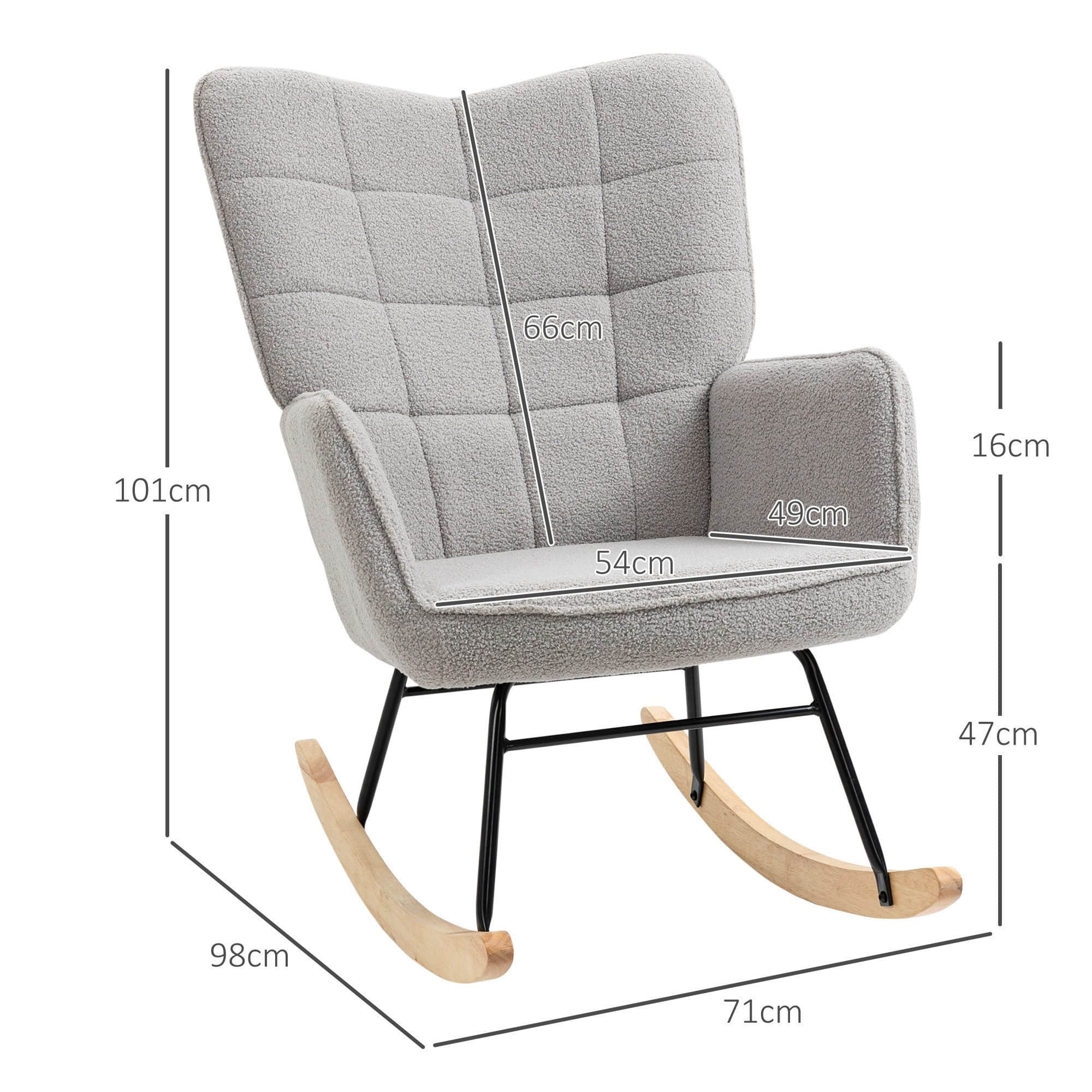 Stühle HOMCOM HOMCOM Schaukelstuhl Premium Edition | Schwingsessel mit Wollbouclé-Stoff & Kautschukholzbeinen | 120 kg Belastbar | Hellblau | B96xT60xH96 cm Hellgrau