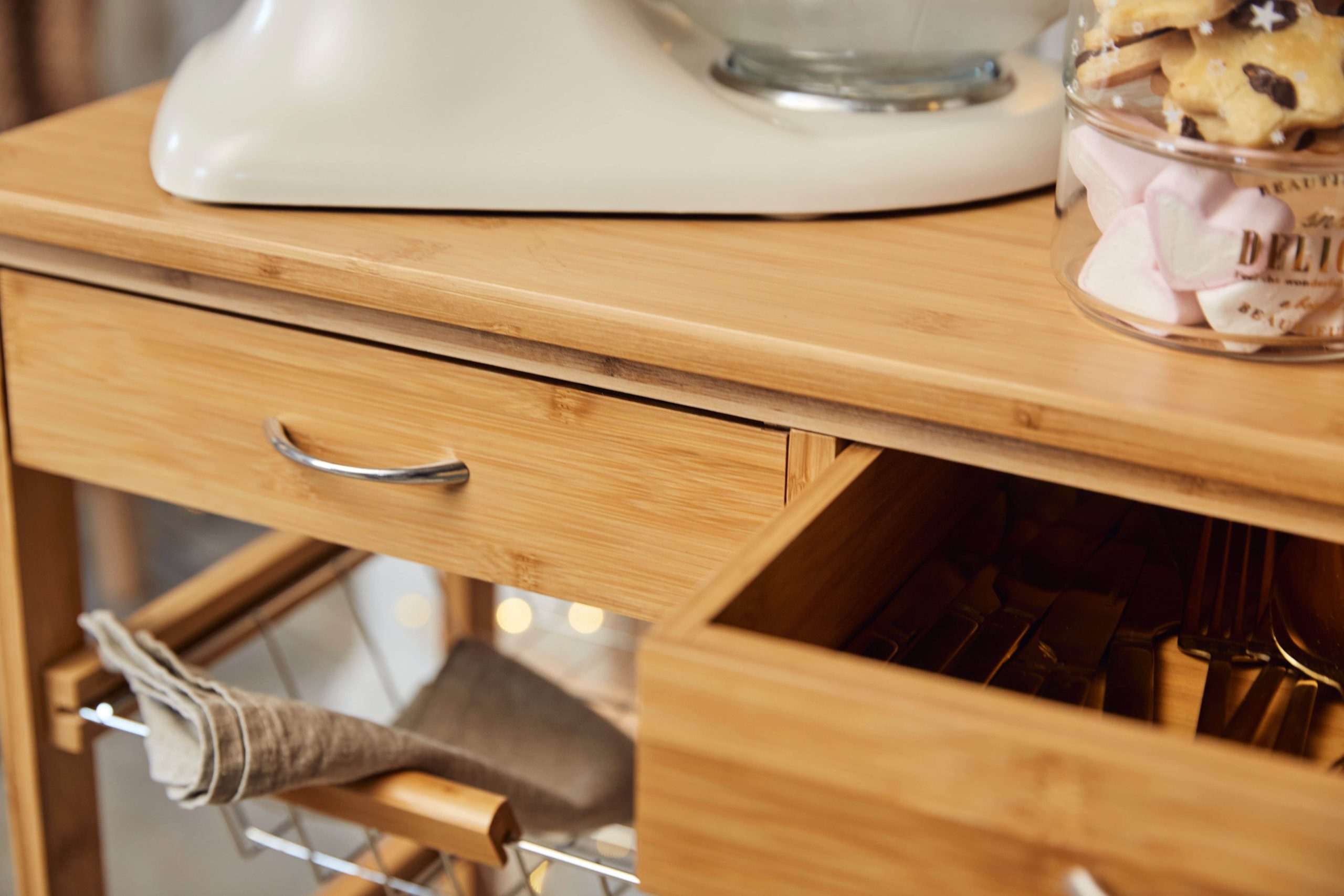 Aufbewahrung Home affaire Home affaire Bamboo Kitchen Trolley on Wheels - 58cm Wide with Drawers & Wine Rack | FSC® Certified
