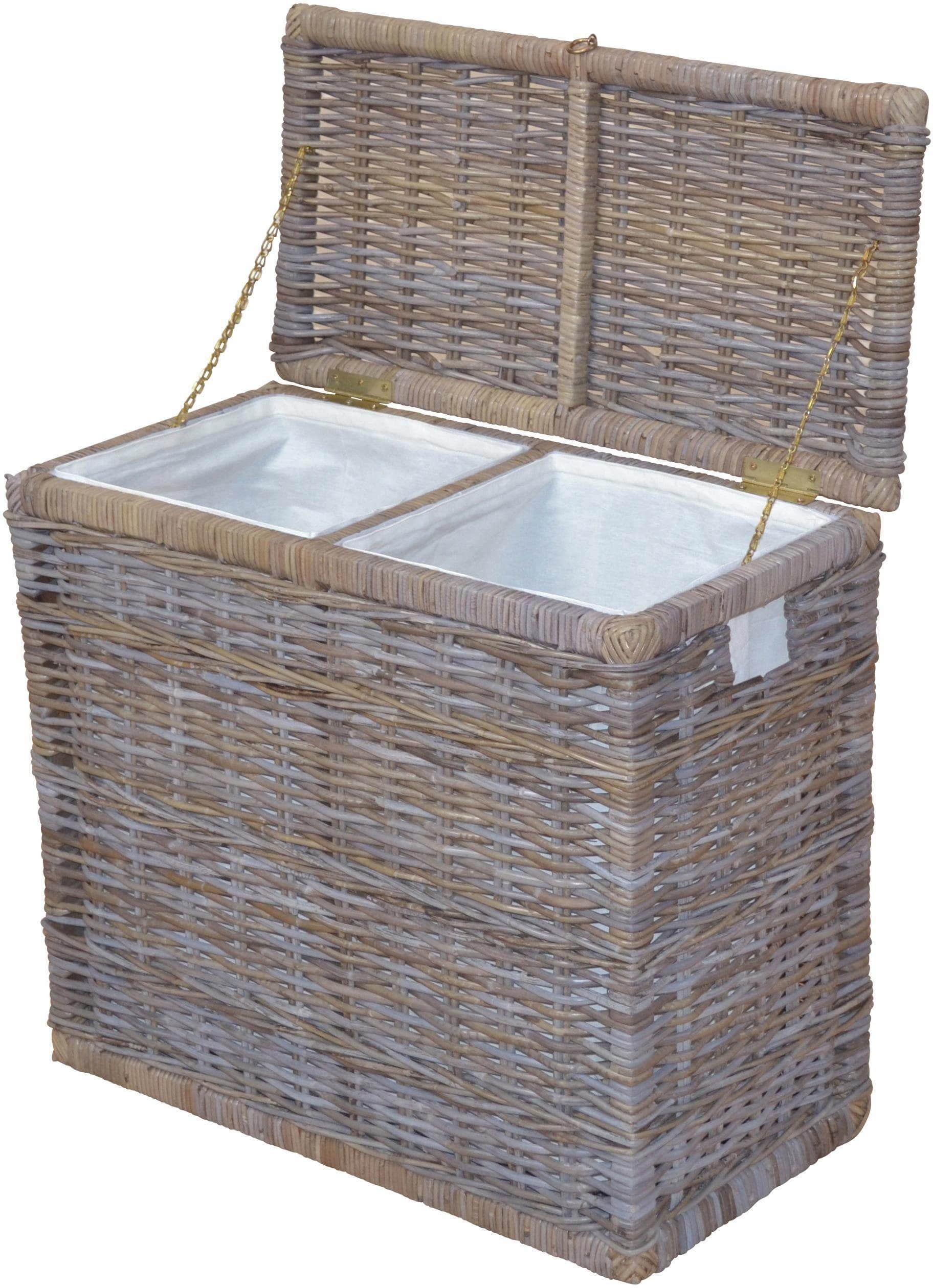 Home affaire Aufbewahrung Home affaire Duo Rattan Laundry Hamper - 2-Compartment Woven Storage Basket with Lid, 67cm Height - Farmhouse Style Organization Solution kubu-grau